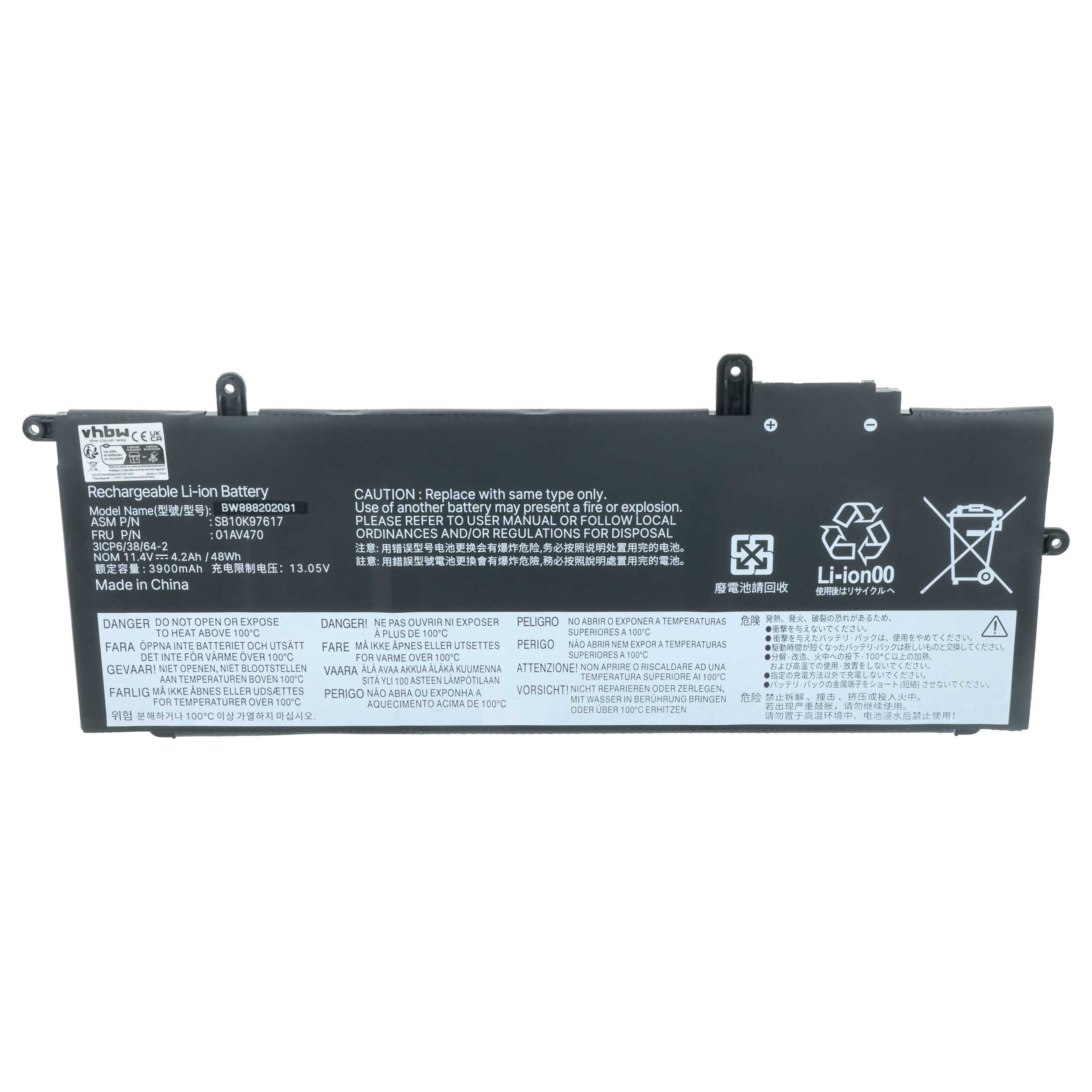Schwarzer Laptop-Akku mit Warnhinweisen und Text. Er hat Anschlüsse und ein Recycling-Symbol.