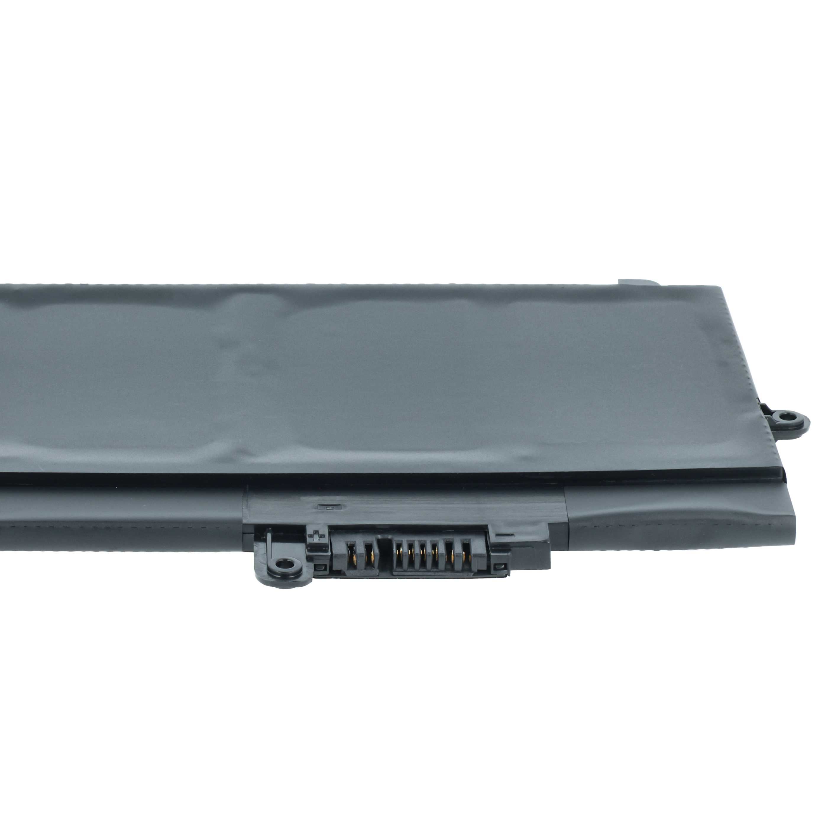 Laptop-Akku. Grau und schwarz, rechteckige Form. Steckerstifte an einem Ende sichtbar. Weißer Hintergrund.