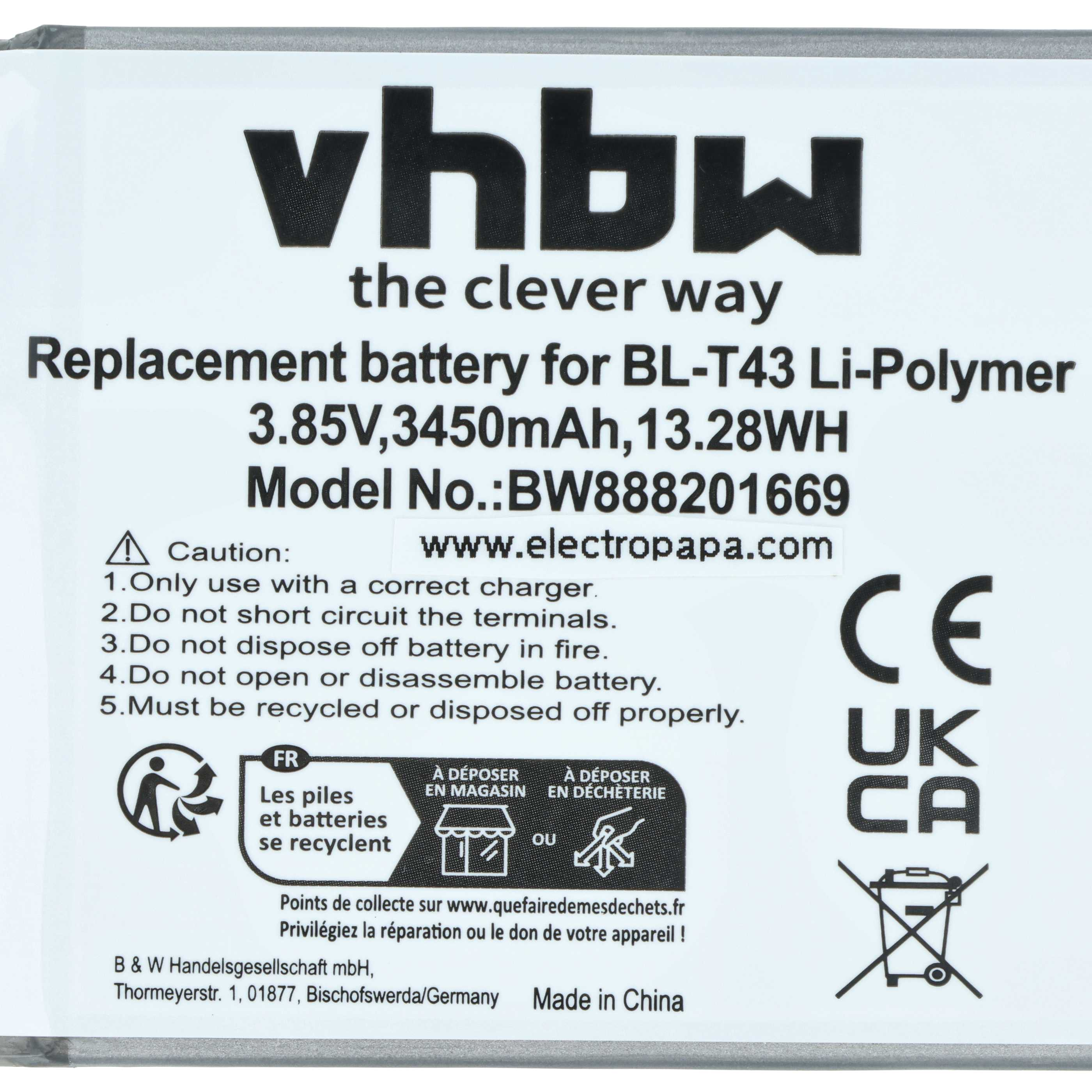 Weißes Etikett mit schwarzem Text. Batteriedetails: 3,85 V, 3450 mAh, 13,28 Wh. Enthält Recycling-Symbole und Sicherheitshinweise.