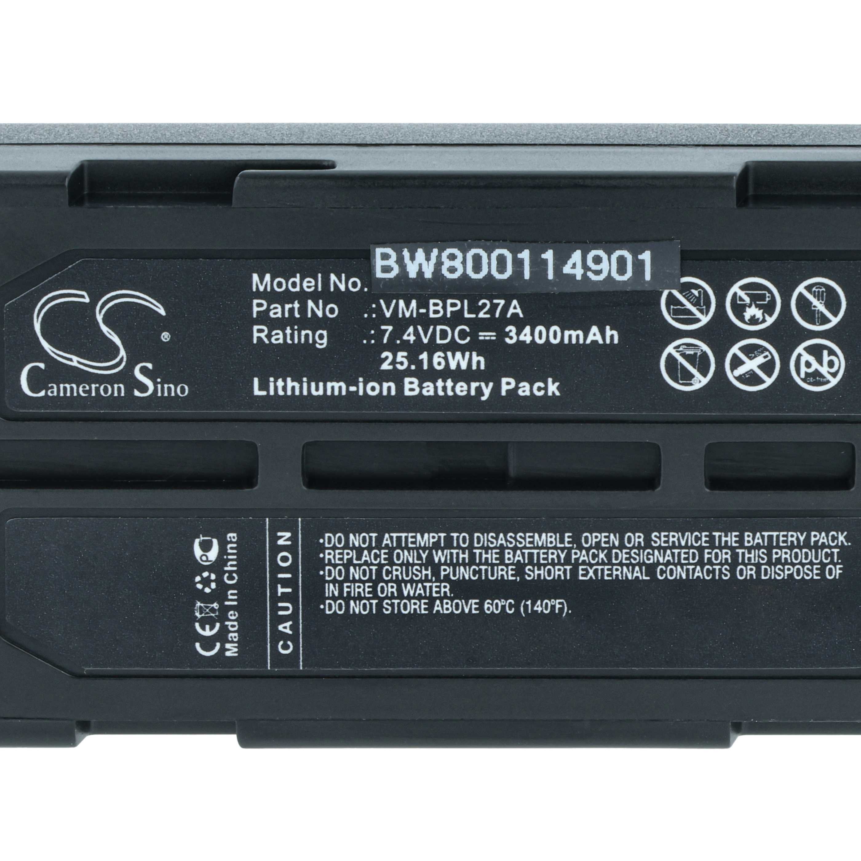 Schwarzer Akku mit Text: Modell-Nr., Artikel-Nr., Bewertung und Warnungen. Es hat ein Cameron Sino Logo und Made in China Text.