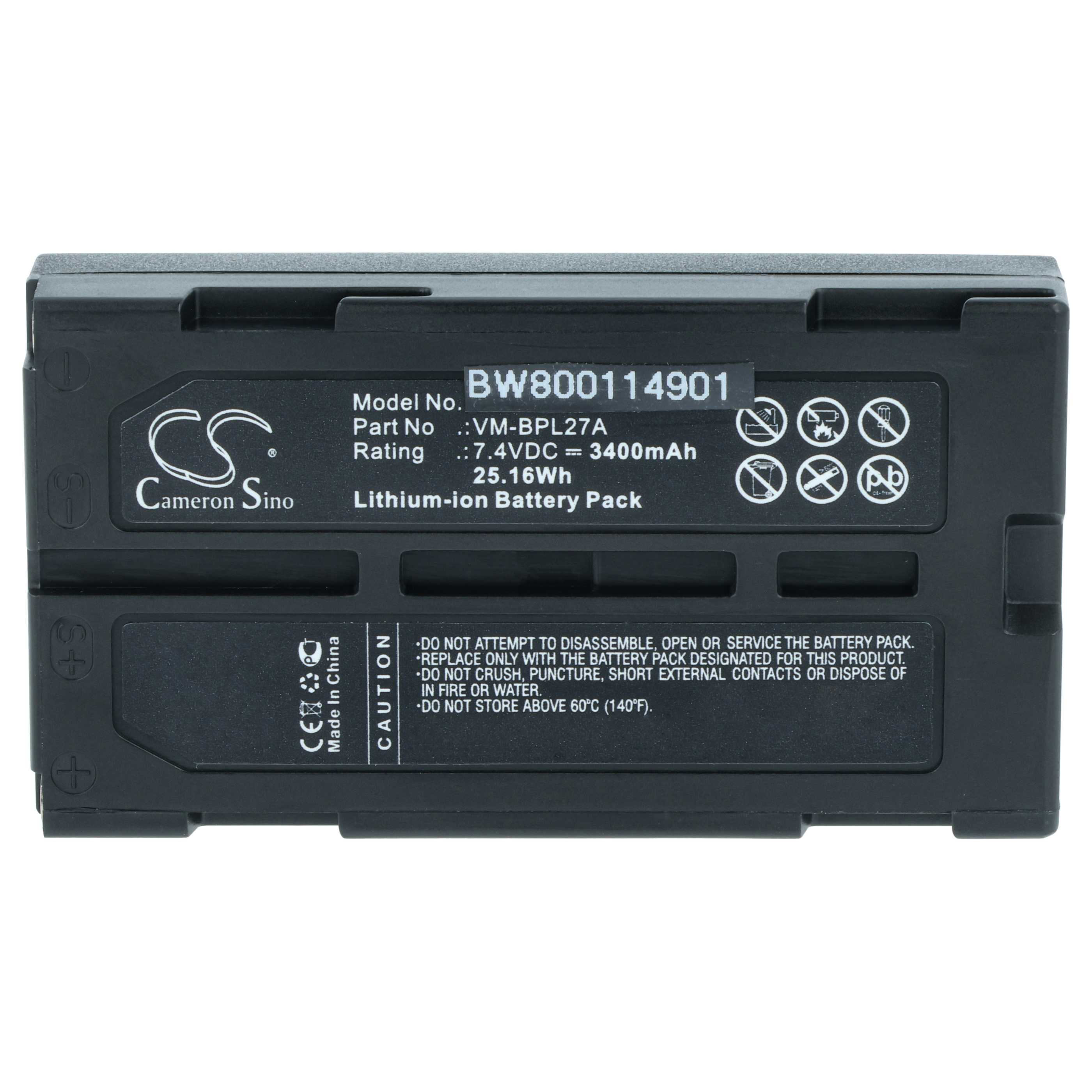 Ein schwarzes Lithium-Ionen-Akkupack mit weißem Text und Warnhinweisen. Es hat ein Cameron Sino-Logo und eine Modellnummer.