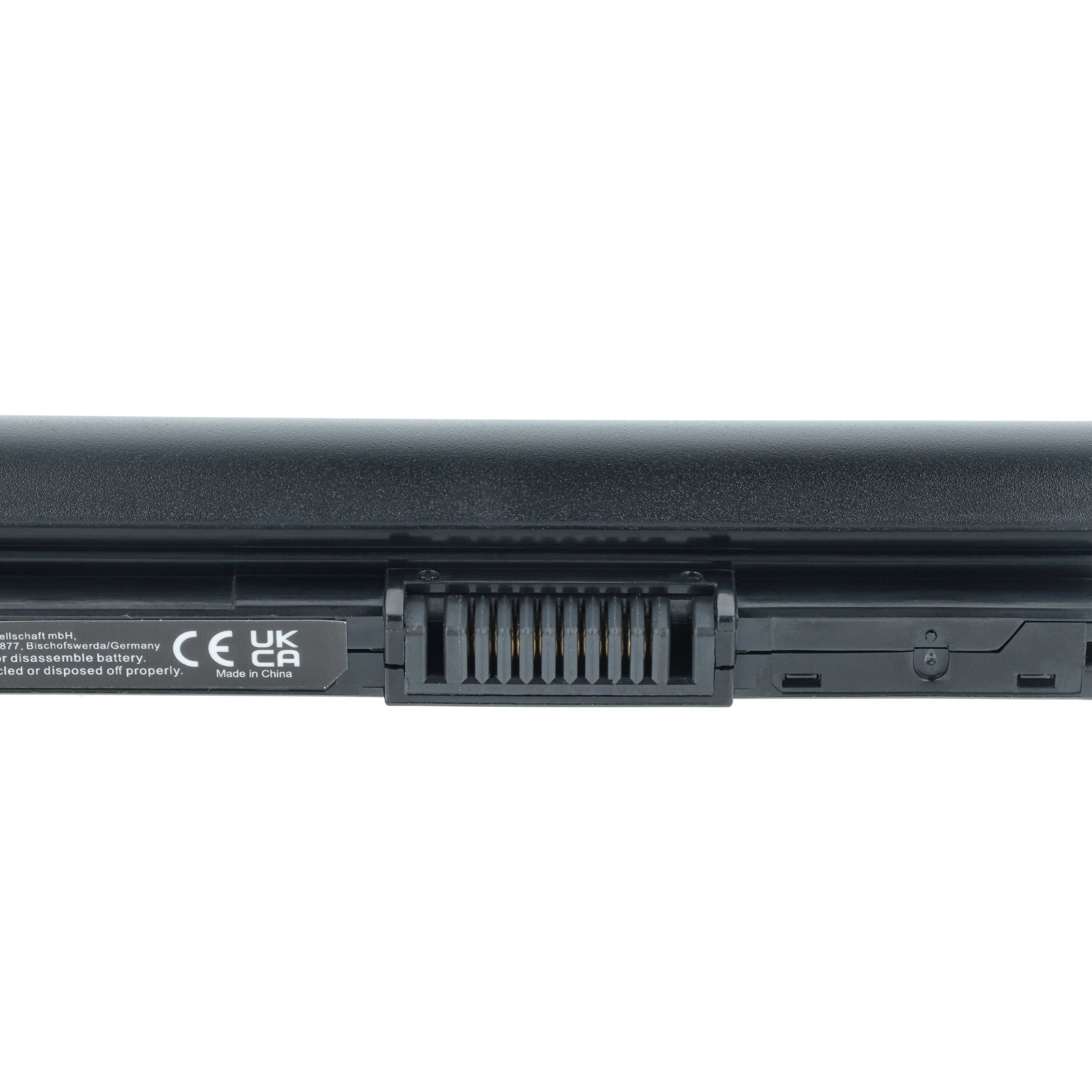 Schwarzer Laptop-Akku mit Anschluss, CE- und UKCA-Zeichen und Text. Hergestellt in China.