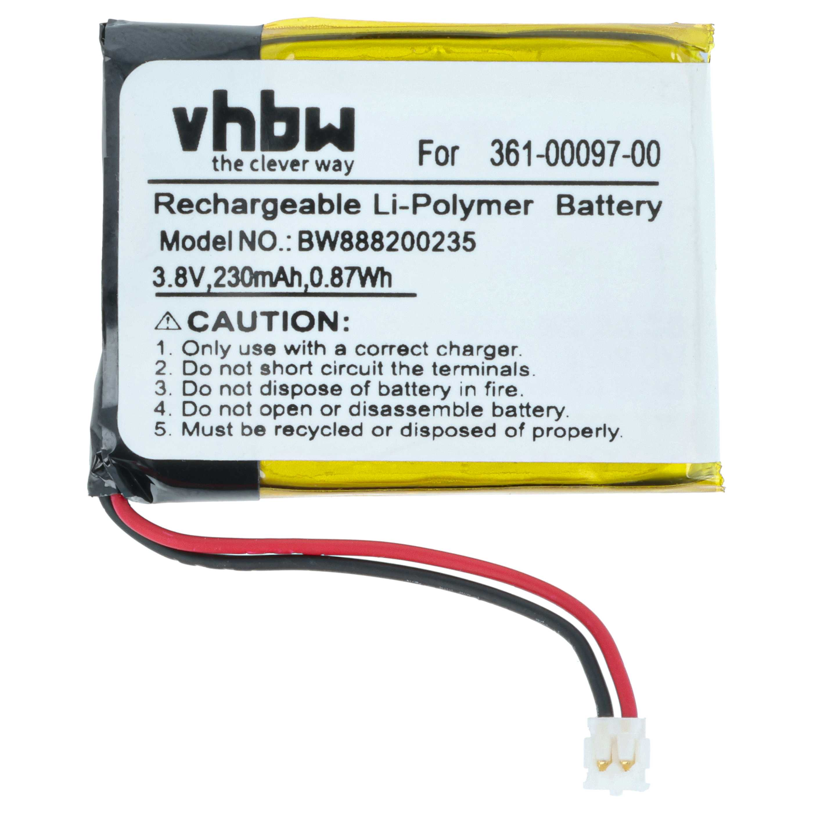 Ein rechteckiger Akku mit schwarzen und roten Drähten. Text enthält: vhbw, wiederaufladbare Li-Polymer-Batterie und Vorsichtshinweise.
