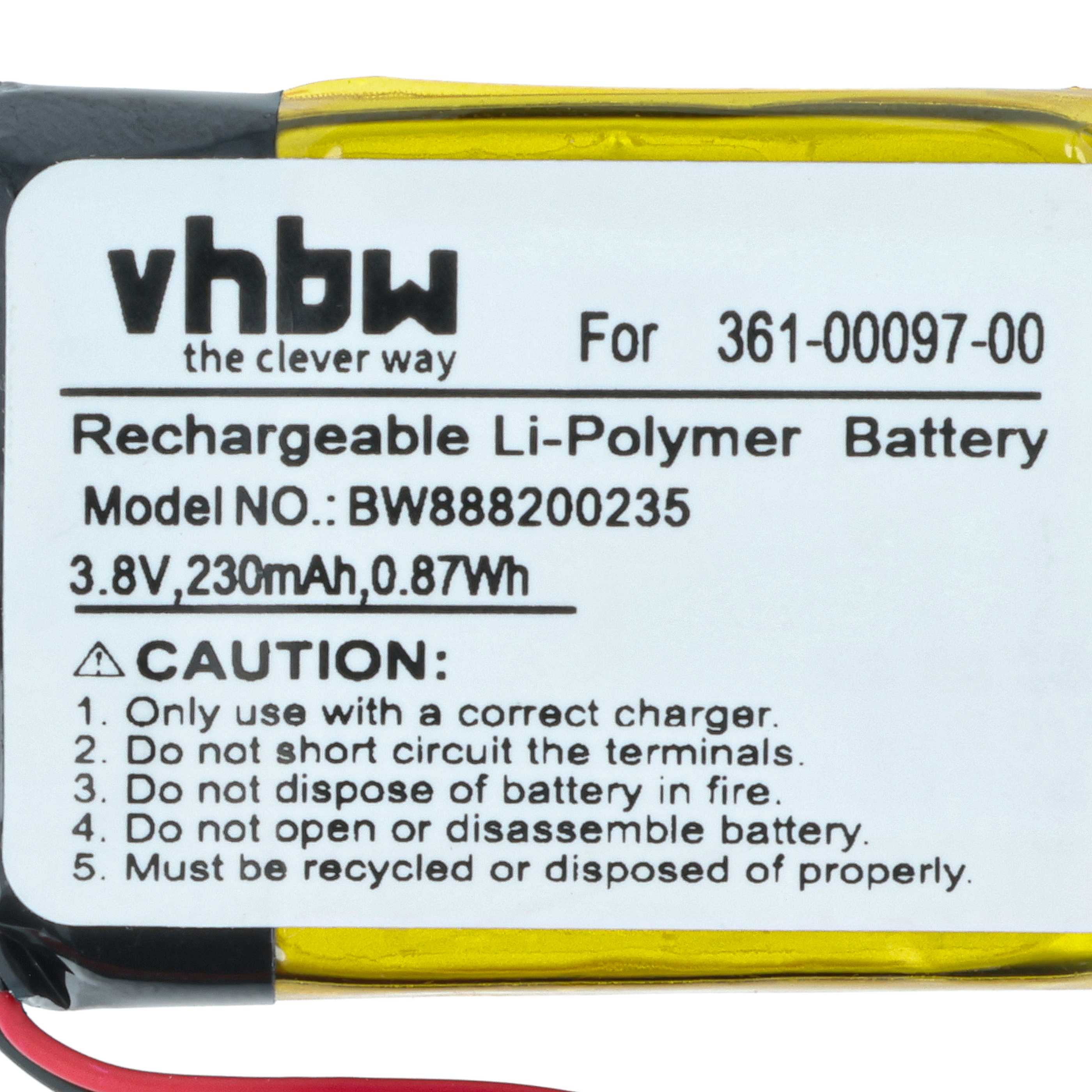 Ein Akku mit Text. Er sagt vhbw, wiederaufladbare Li-Polymer-Batterie und hat Warnungen.