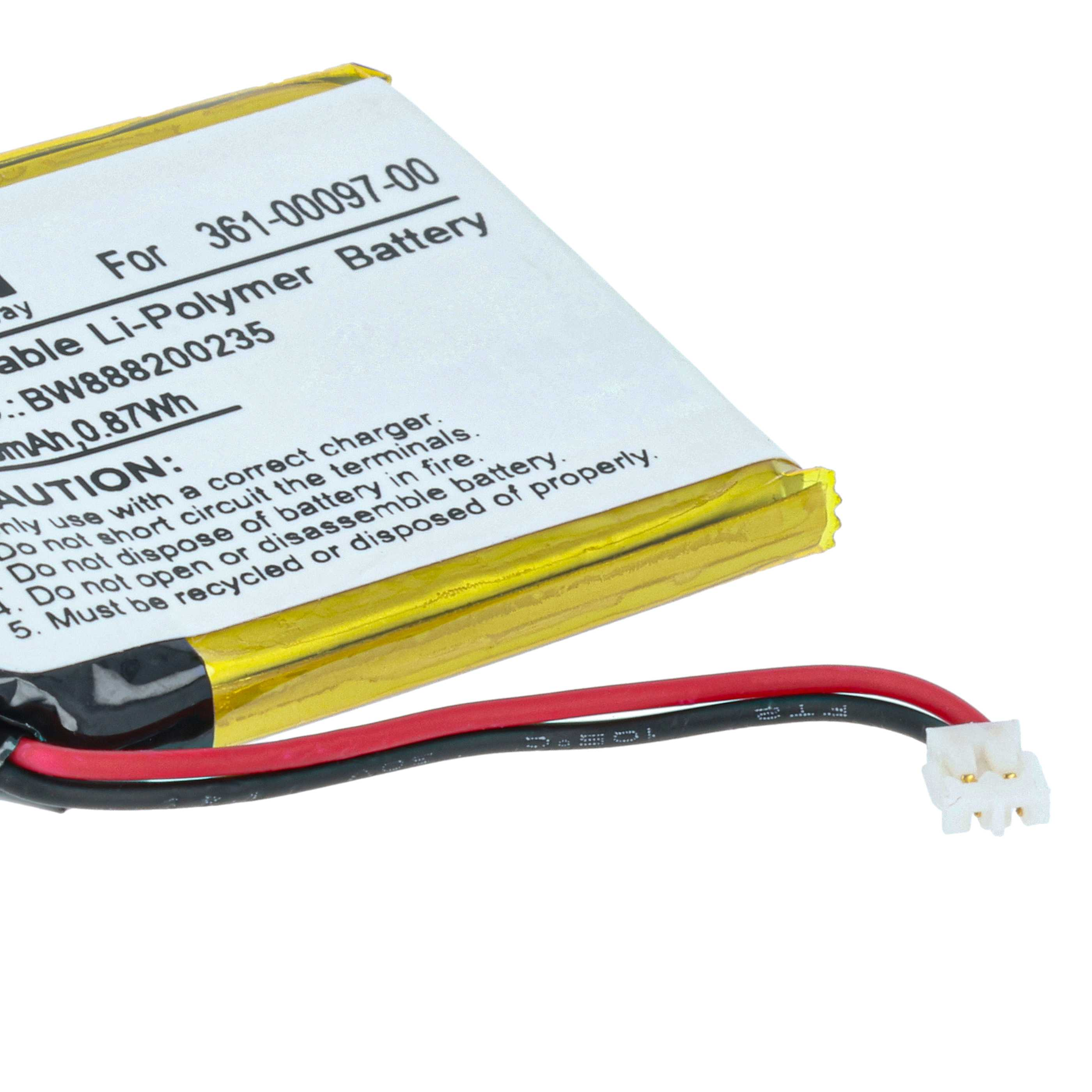 Ein Akku mit weißem Etikett und schwarzen und roten Drähten. Auf dem Etikett steht unter anderem 'Li-Polymer Battery'.