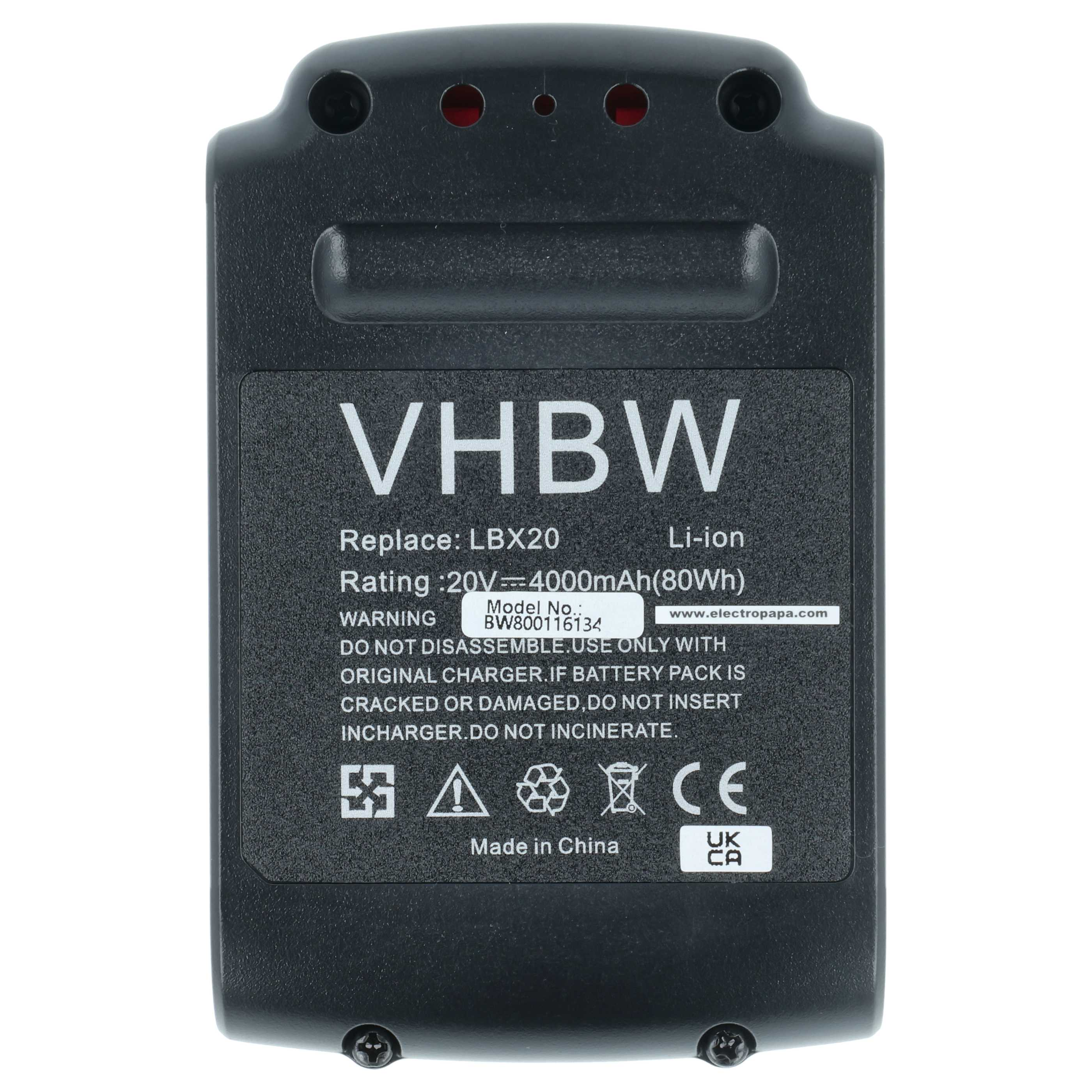 Schwarzer VHBW-Akkupack. Aufschrift: Replace: LBX20, Li-ion, Rating: 20V = 4000mAh(80Wh), Made in China.