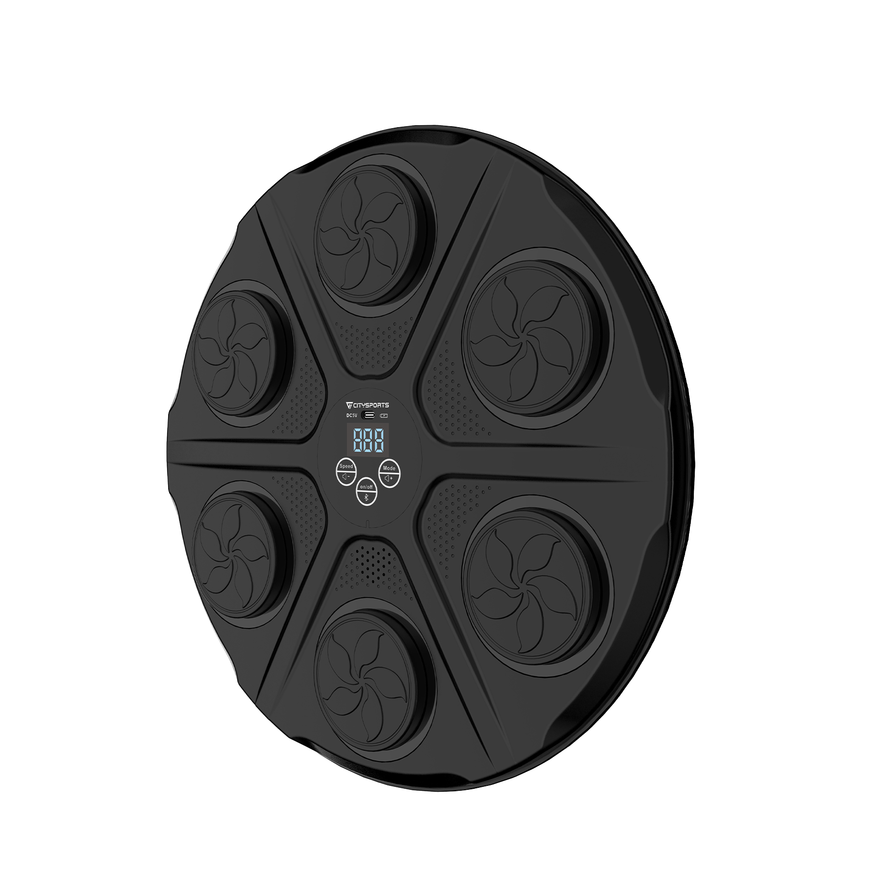 Czarna, okrągła maszyna do ćwiczeń z sześcioma strukturami w kształcie wentylatorów i wyświetlaczem cyfrowym. Przyciski prędkości i trybu.