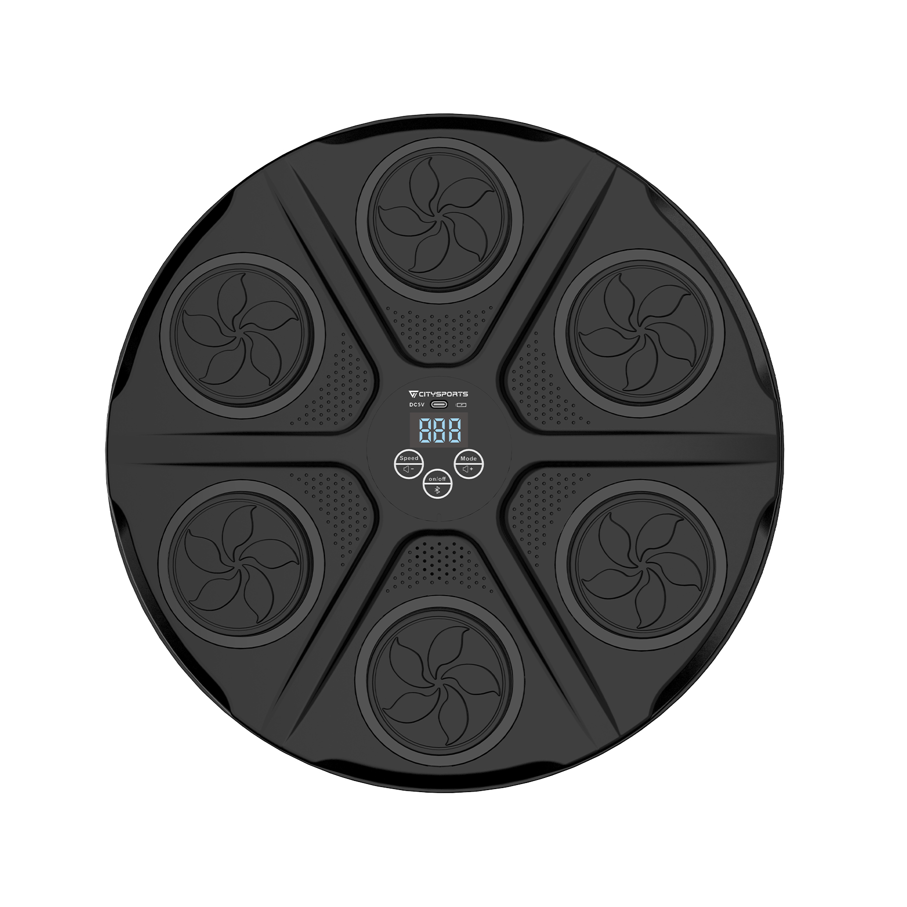 Czarny okrągły sprzęt z sześcioma kształtami przypominającymi wentylatory. Posiada wyświetlacz cyfrowy i przyciski sterowania. Tło białe.