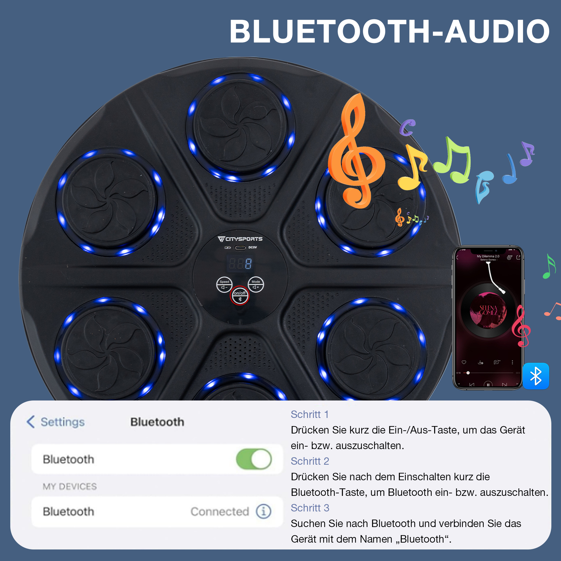 Ein schwarzes rundes Gerät mit blauen Lichtern und einem Bildschirm. Ein Telefon zeigt Musik. Noten schweben. Bluetooth-Symbol.