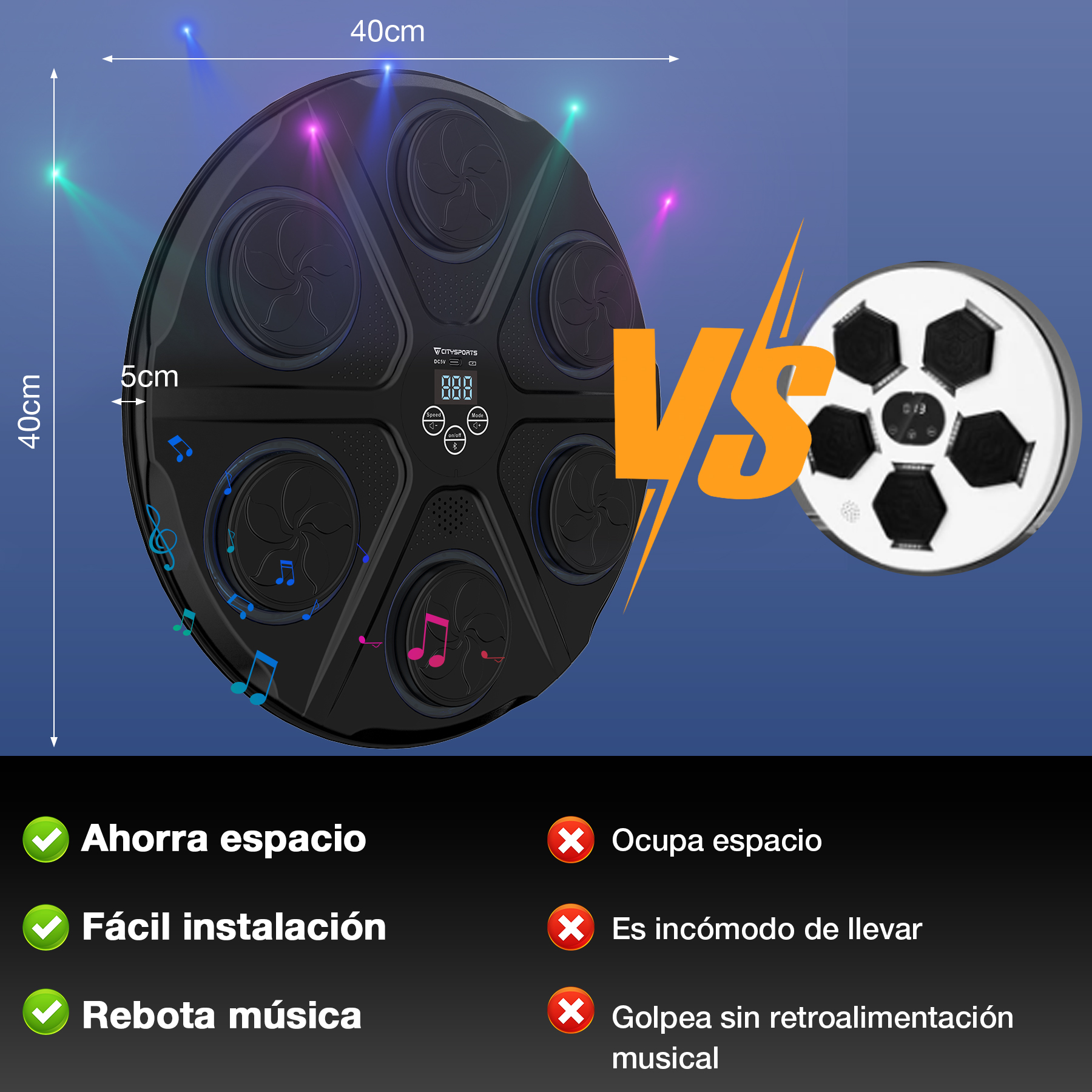 Un dispositivo musical negro con botones y un objeto con forma de balón de fútbol a la derecha con un 'VS' naranja.