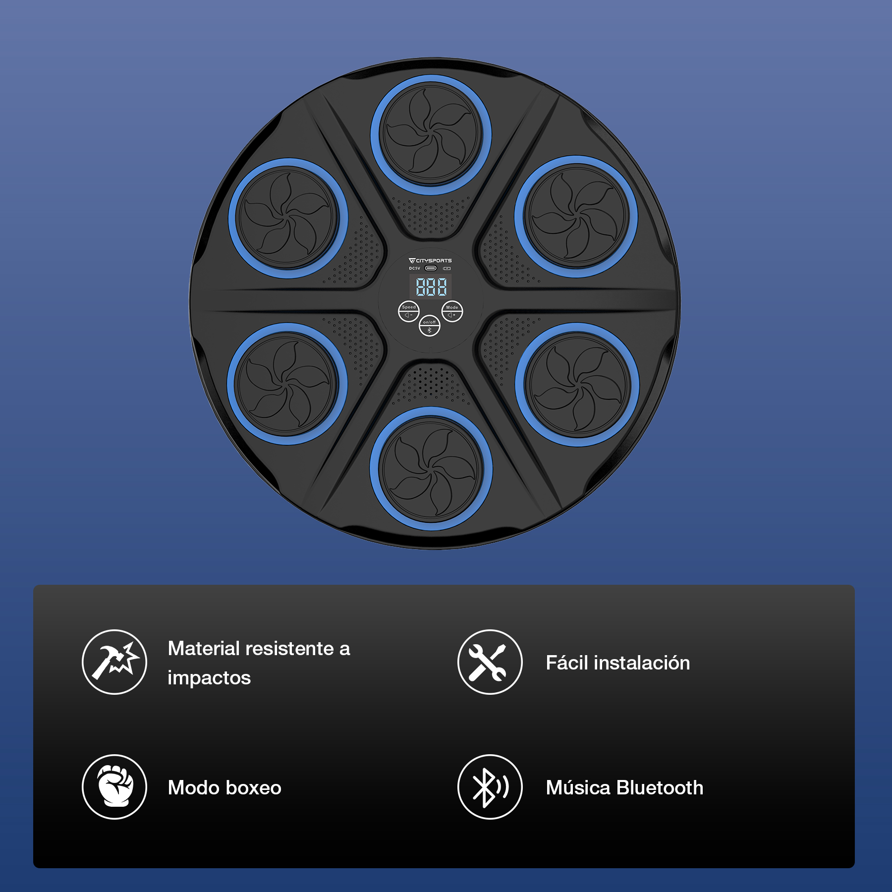 Un dispositivo de entrenamiento de boxeo negro y azul con una pantalla digital, rodeado de seis almohadillas circulares.