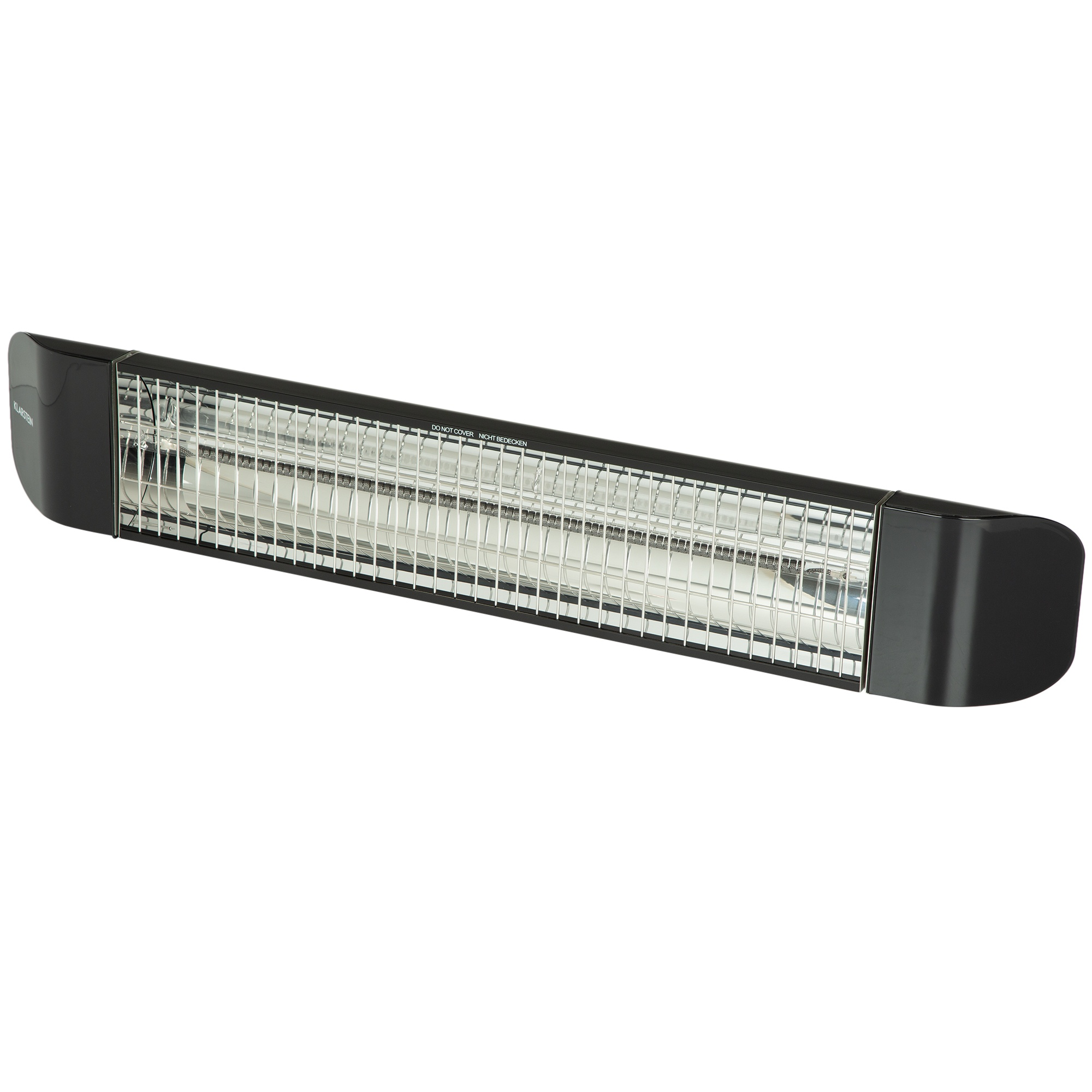 Ein schwarzer, rechteckiger Infrarotstrahler mit Metallgitter und weißem Hintergrund.
