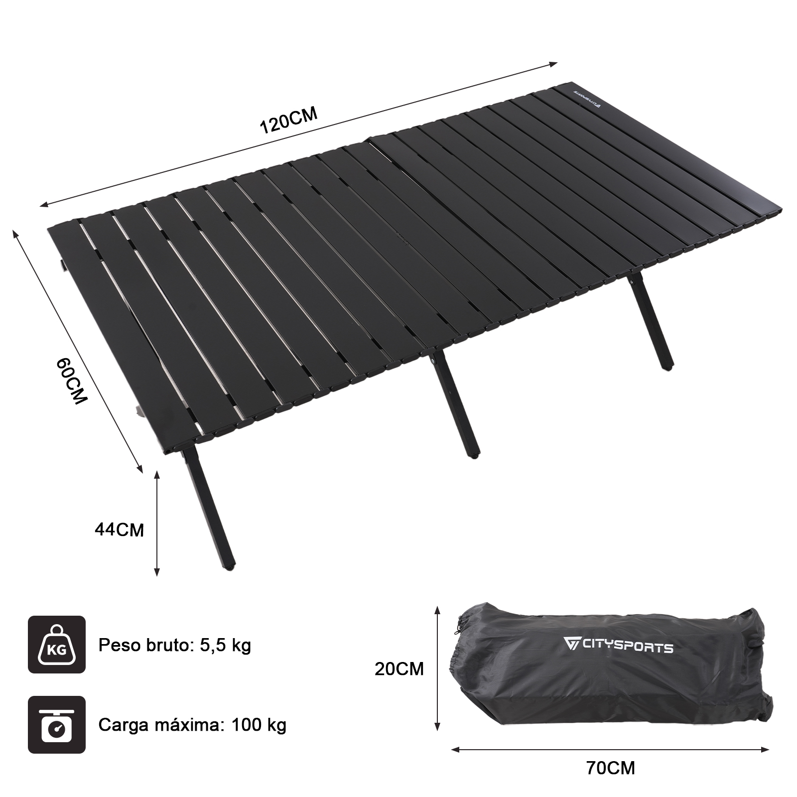 Una mesa de camping negra y plegable con dimensiones etiquetadas. También es visible una bolsa de transporte con el nombre de la marca.