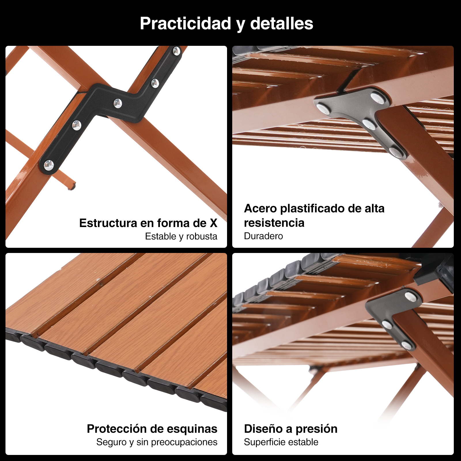 Primeros planos de una mesa plegable marrón. Detalles incluyen marco en forma de X, acero plastificado, protección de esquinas y diseño a presión.