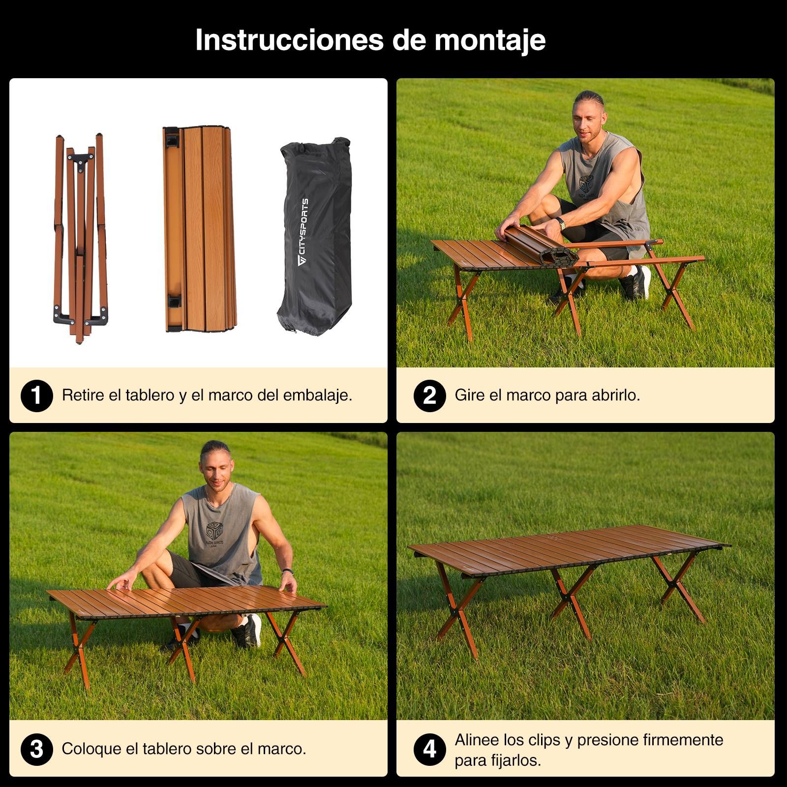 Instrucciones de montaje: partes de la mesa, hombre montando la mesa sobre hierba.