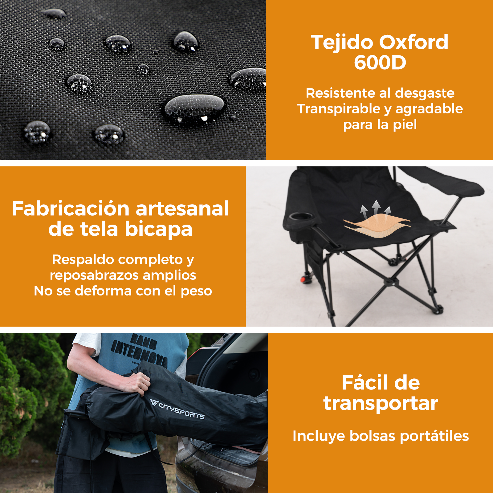 La imagen muestra una silla plegable negra con portavasos. El texto destaca características como la tela Oxford.