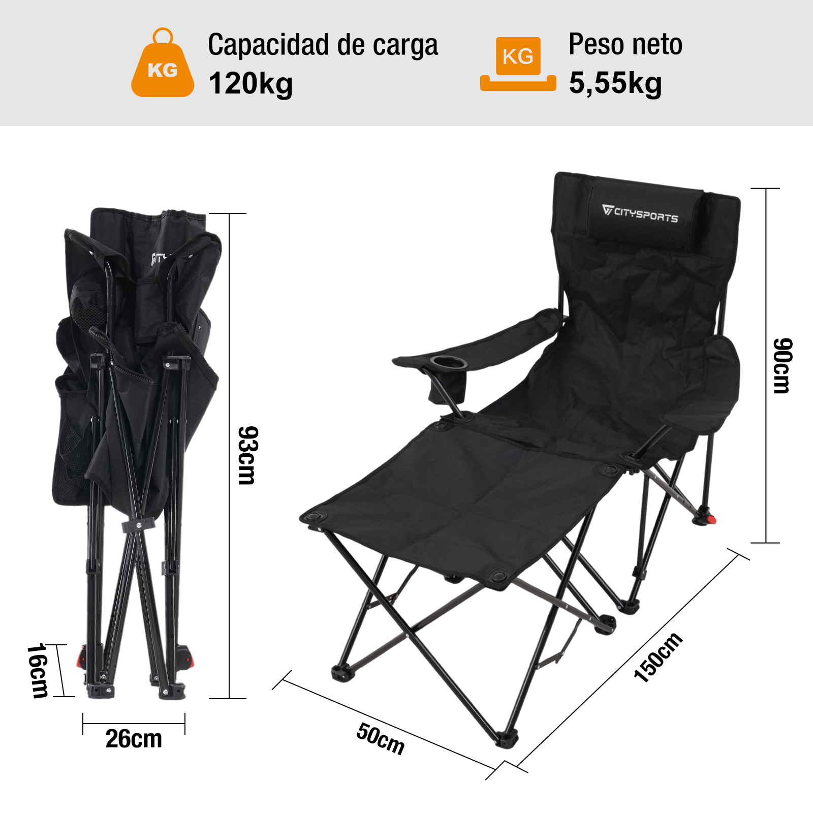 Una silla plegable negra con reposapiés. Se muestran las dimensiones. Capacidad 120 kg, peso neto 5,55 kg. Uno plegado.