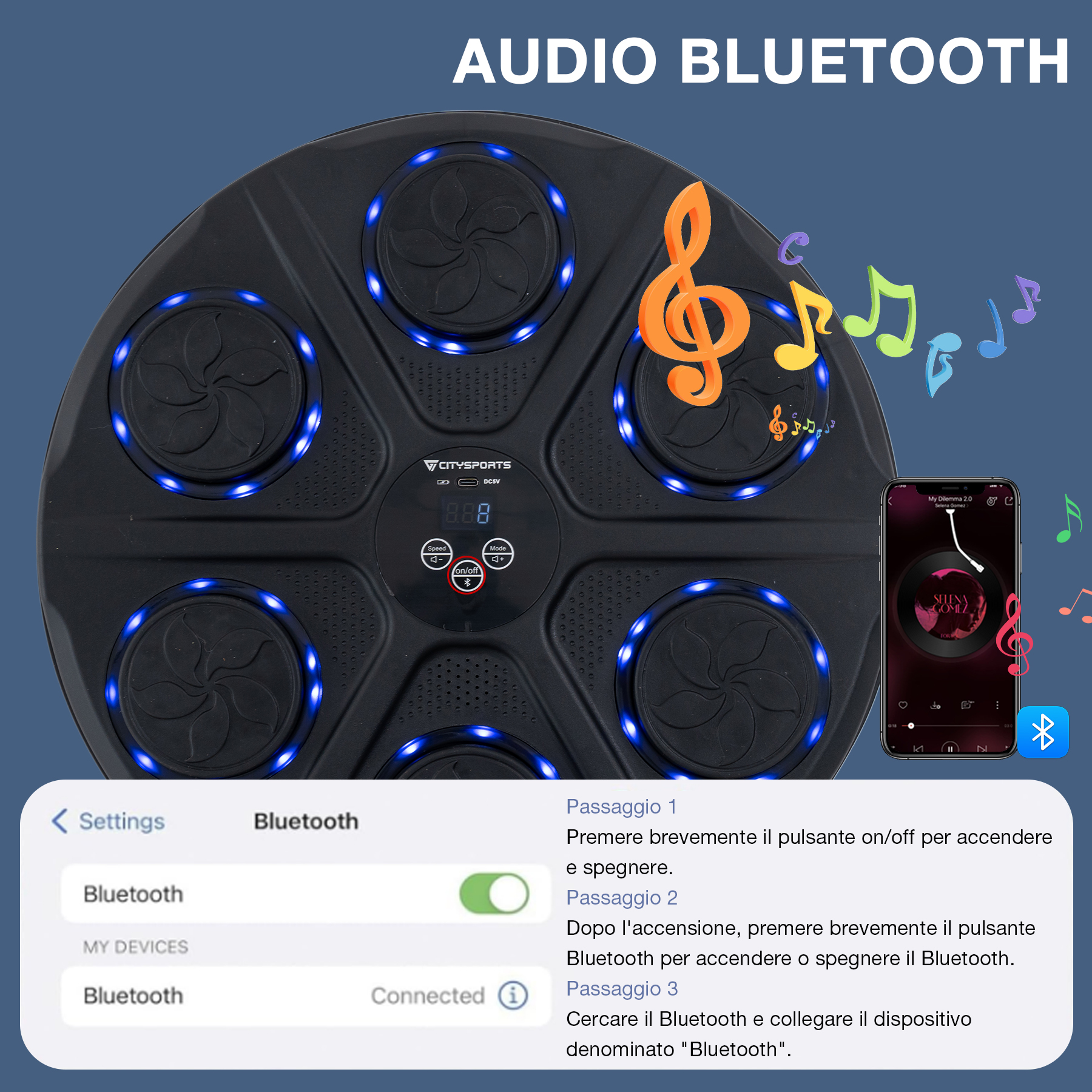 Dispositivo audio nero con luci blu. Un telefono mostra un'app musicale. Note musicali fluttuano attorno.