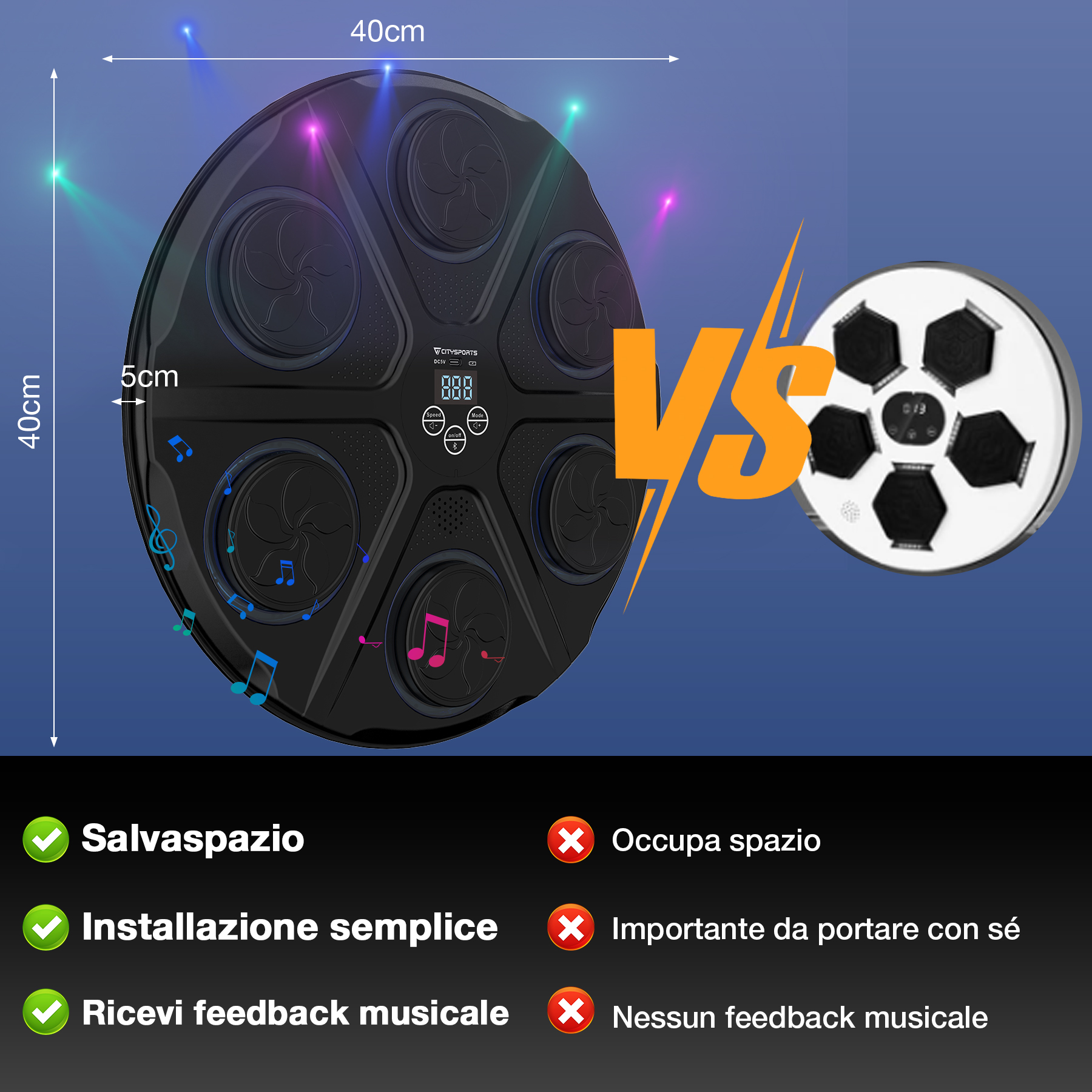 Batteria circolare nera con luci LED, dimensioni in alto, un dispositivo bianco a forma di pallone da calcio a destra.