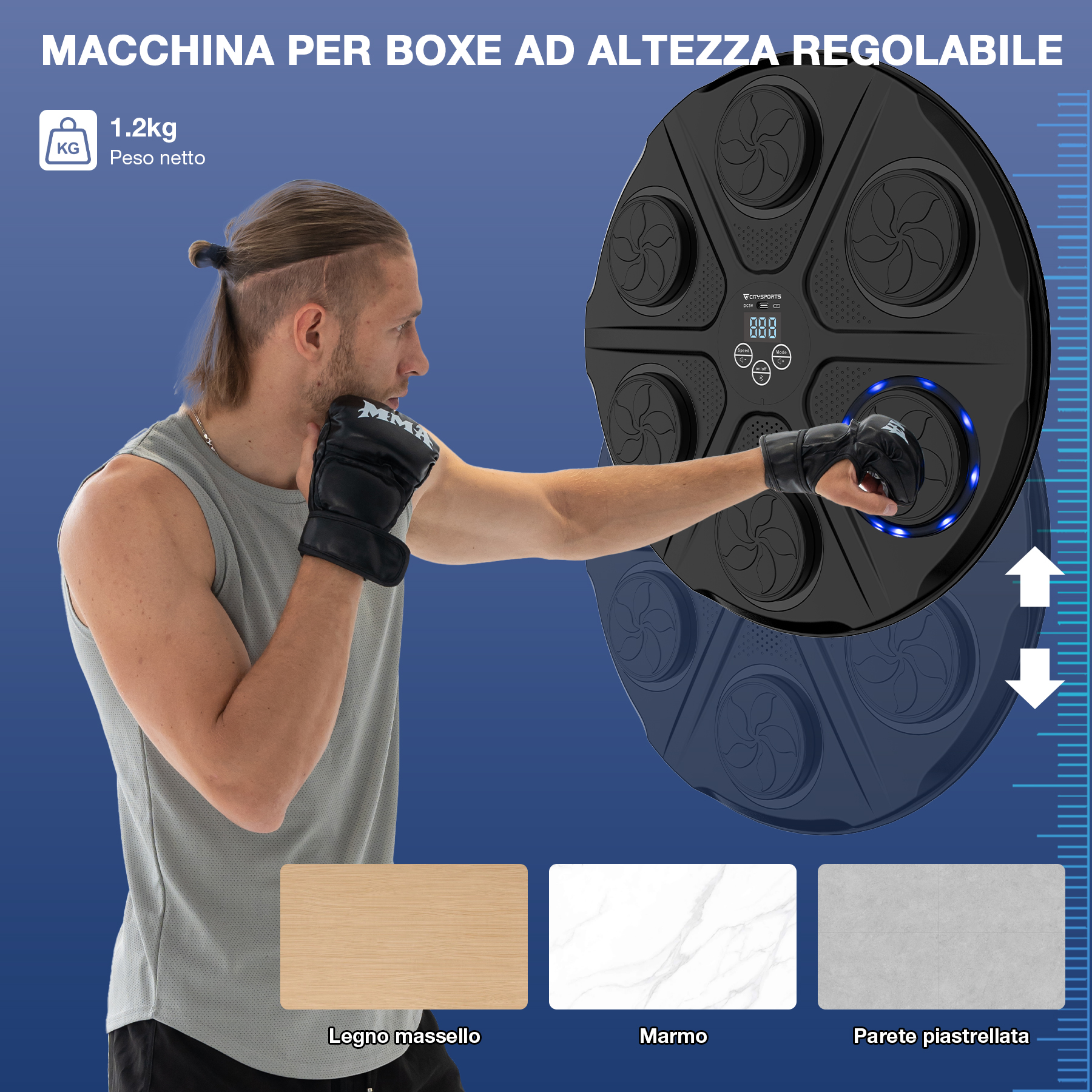 Uomo che boxa con una macchina da allenamento nera. La macchina ha un display digitale e luci blu.