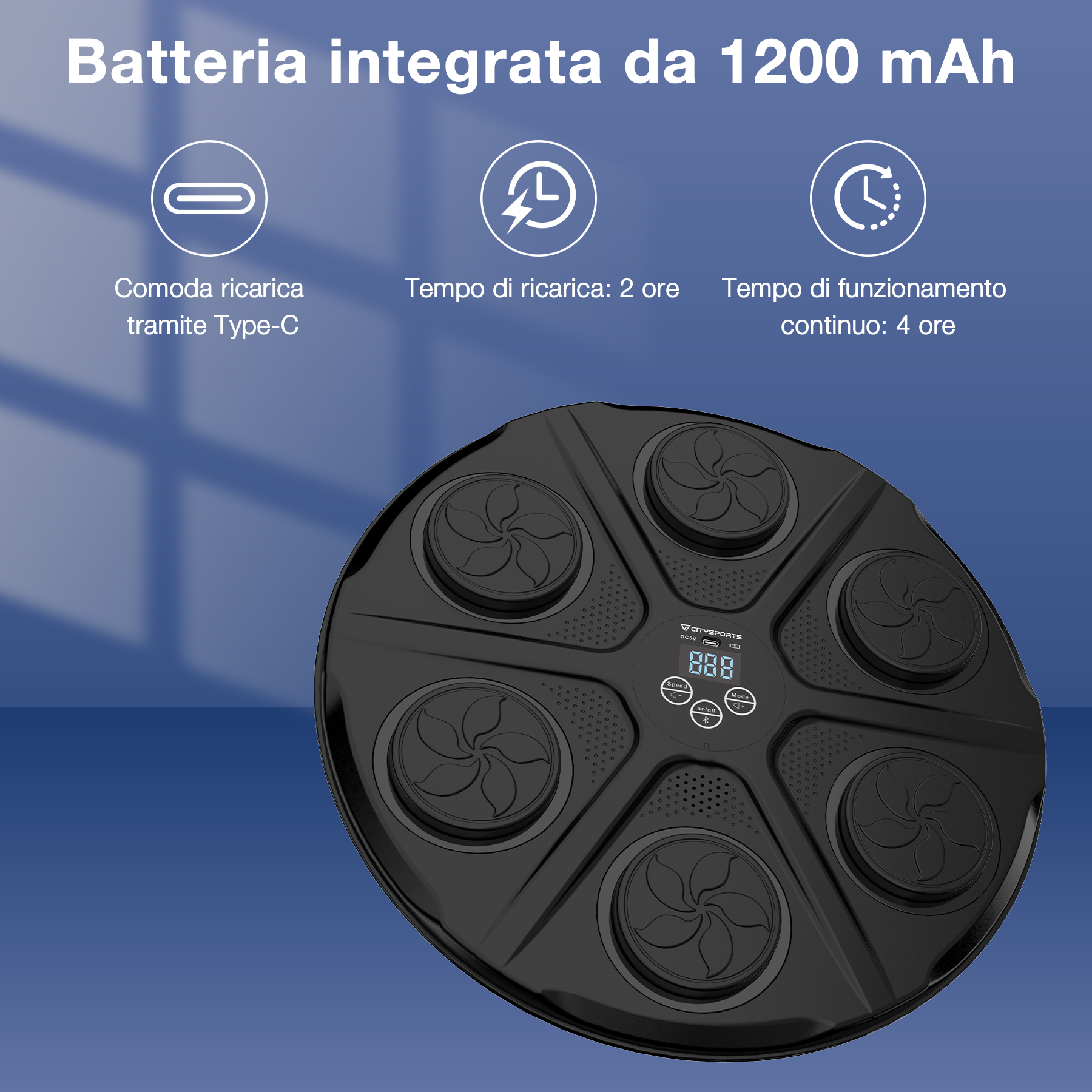 Dispositivo nero con 6 fori di ventilazione circolari, display digitale e pulsanti di controllo. I testi indicano batteria e dettagli di ricarica.