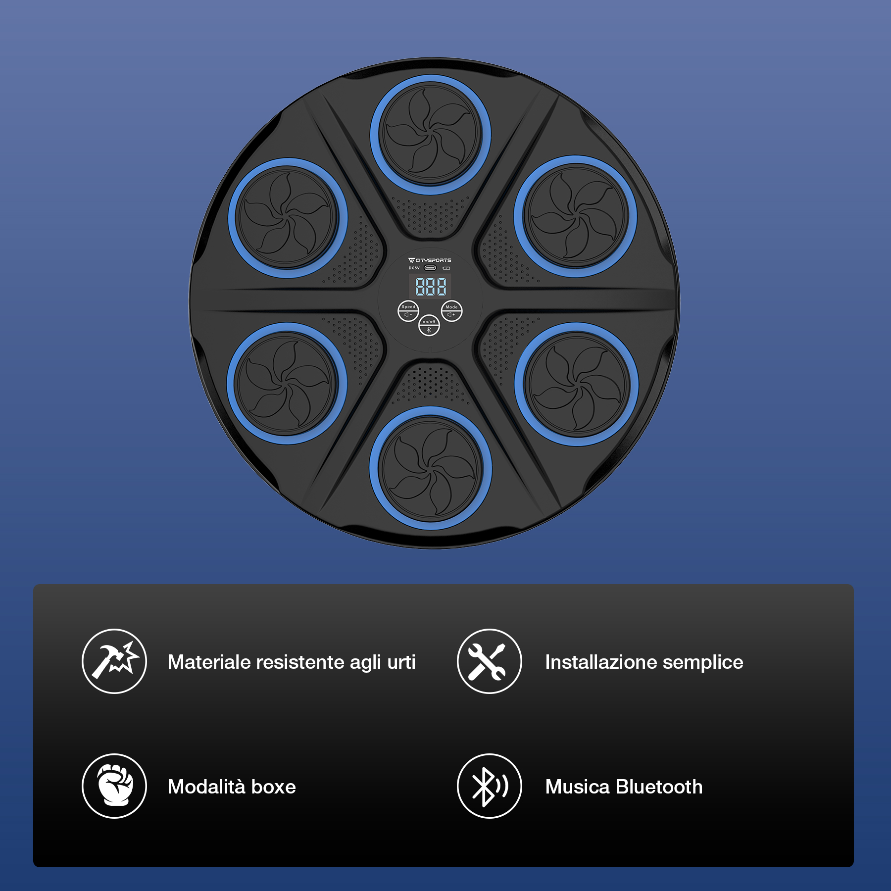Dispositivo di allenamento nero e blu. Ha un display digitale e cinque forme a ventaglio. Caratteristiche: resistenza agli urti, facile installazione, modalità boxe, Bluetooth.