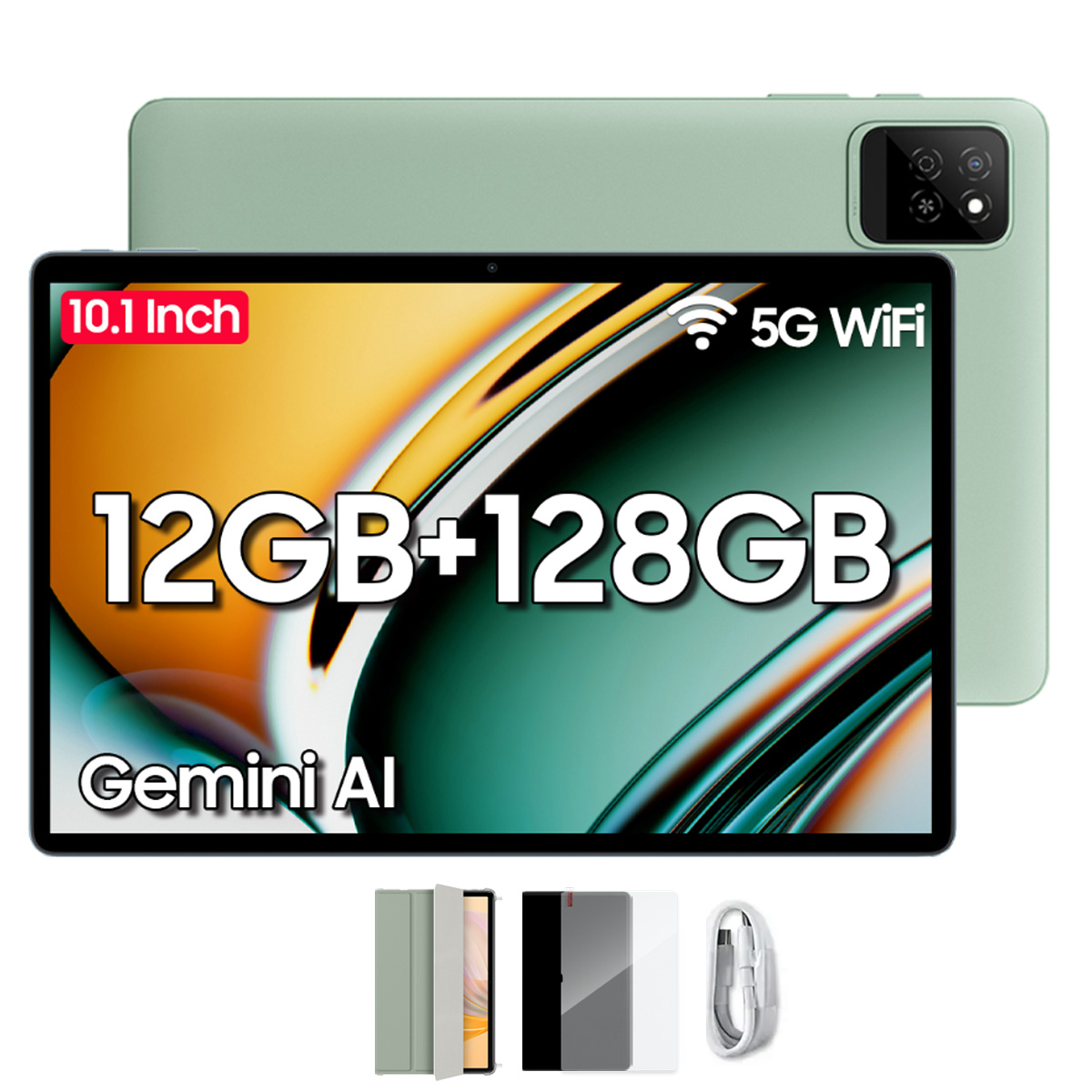 Grünes Tablet mit 10,1-Zoll-Bildschirm, 12GB+128GB und Gemini AI. Zubehör: Hülle, Displayschutz und Kabel.