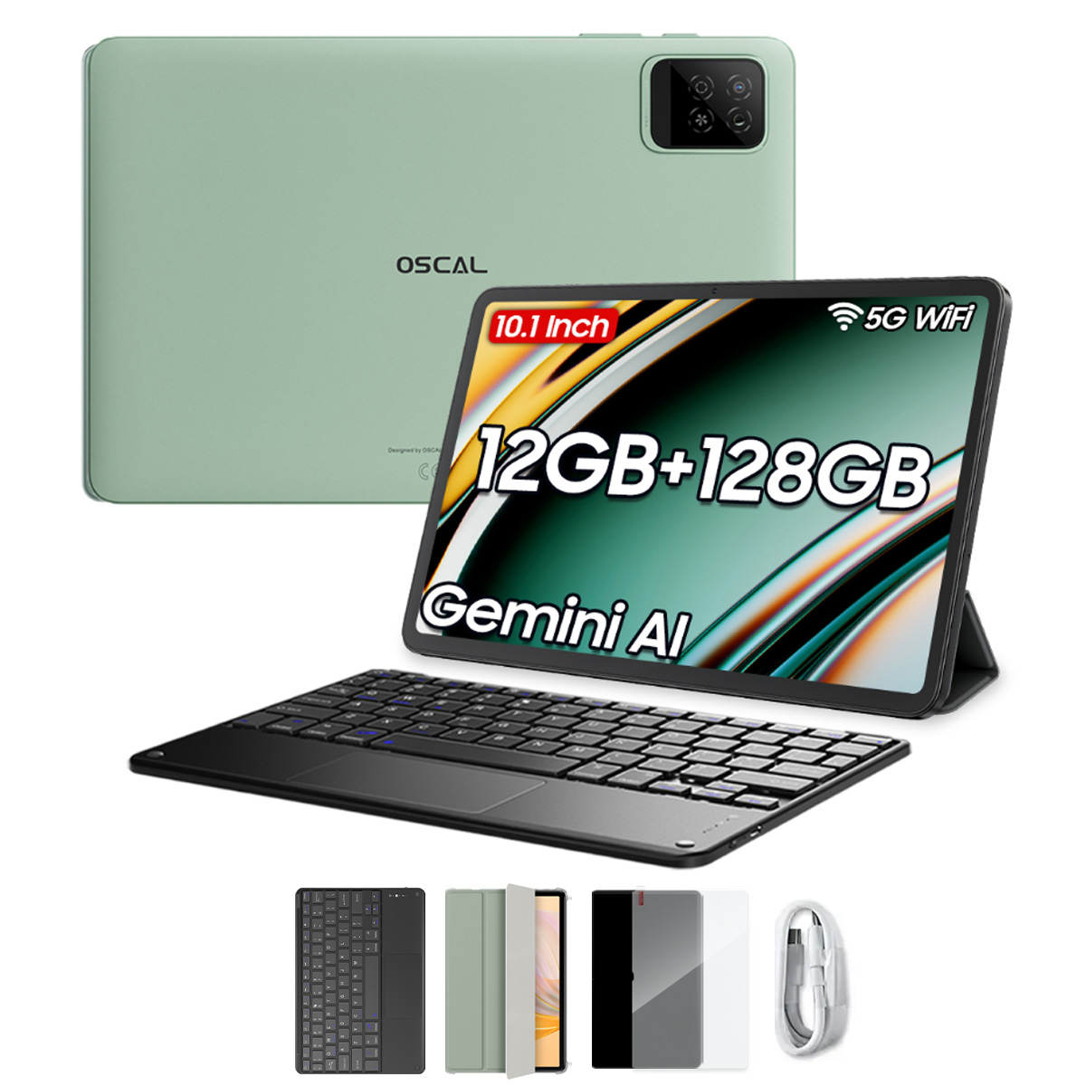 Grünes Tablet mit Tastatur, Bildschirm zeigt 12GB+128GB, Gemini AI. Zubehör: Tastatur, Hüllen und Kabel.