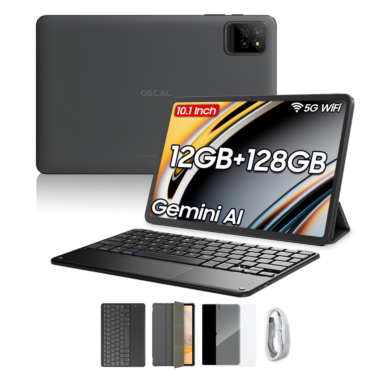 Tablet mit Tastatur, Zubehör. Display zeigt 10,1 Zoll, 12GB+128GB, Gemini AI und 5G WiFi. Rückseite grau, OSCAL Logo.