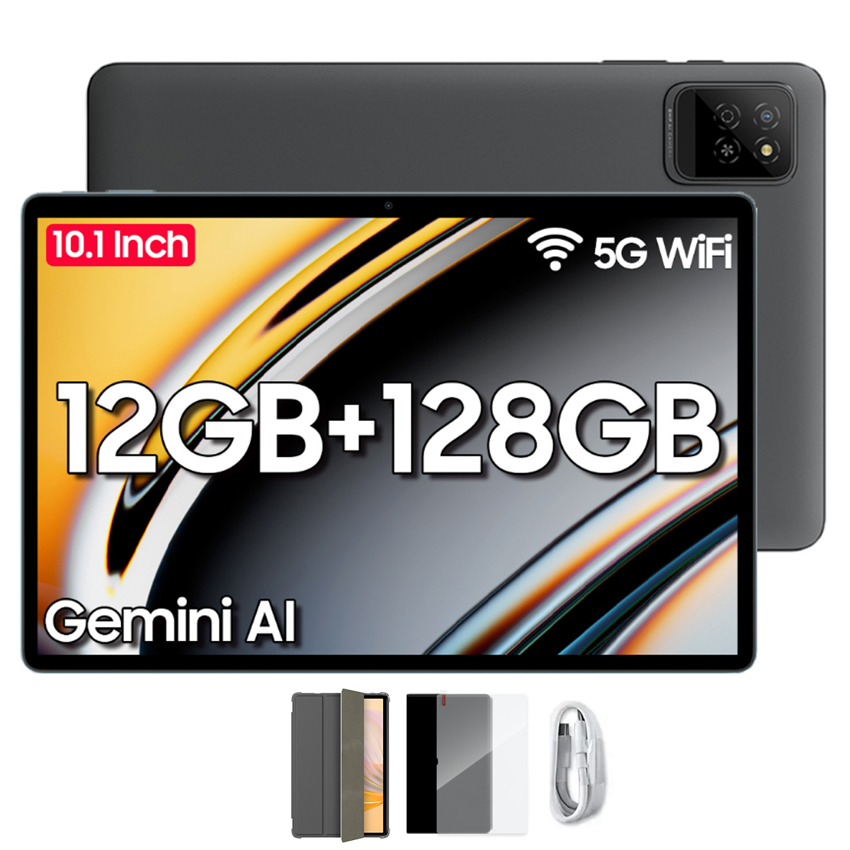 Tablet mit Bildschirm mit Spezifikationen, 5G WiFi, 12GB+128GB. Zubehör umfasst Hüllen, Displayschutz und ein USB-C-Kabel.