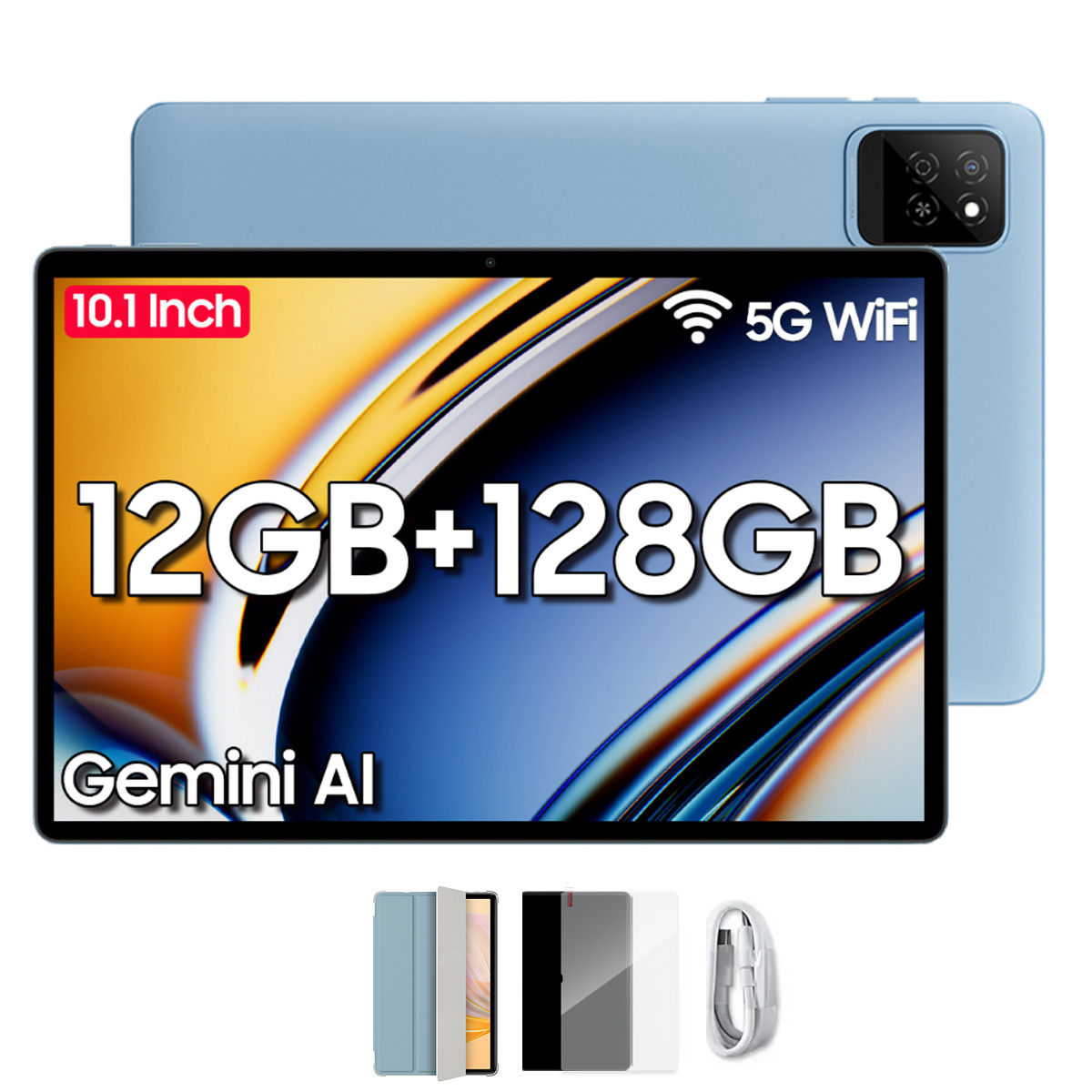 Blaues Tablet mit 10,1-Zoll-Bildschirm, 12GB+128GB Speicher und 5G WiFi, mit Zubehör wie Hüllen und Kabel.