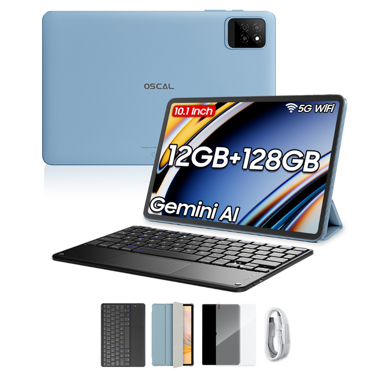 Blaues Tablet mit Tastatur. Das Display zeigt 12GB+128GB und Gemini AI. Zubehör umfasst Tastatur, Hülle, Displayschutz und Kabel.