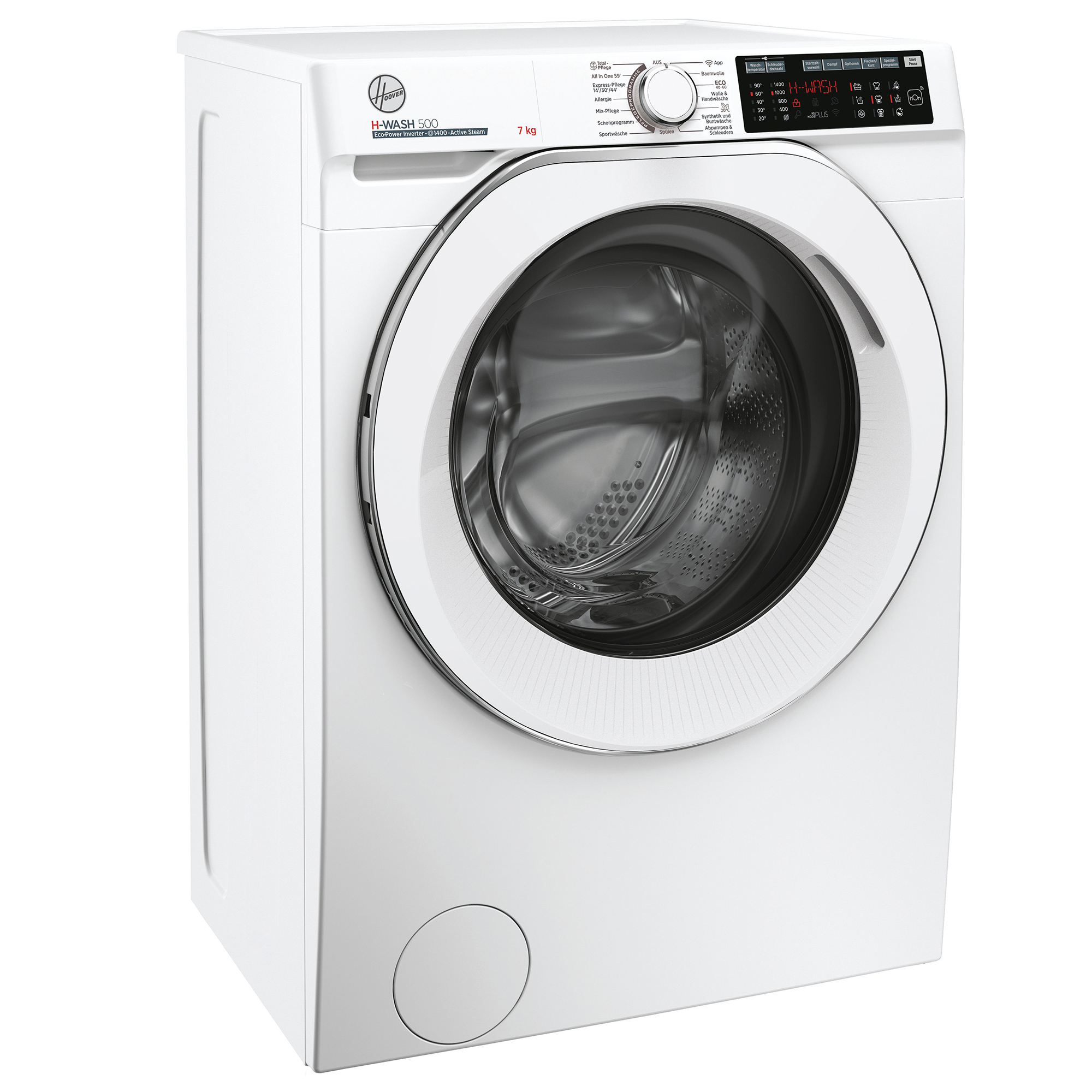 Eine weiße Hoover H-WASH 500 Waschmaschine. Sie hat eine schwarze Tür, ein Bedienfeld und ein 7-kg-Kapazitätslabel.