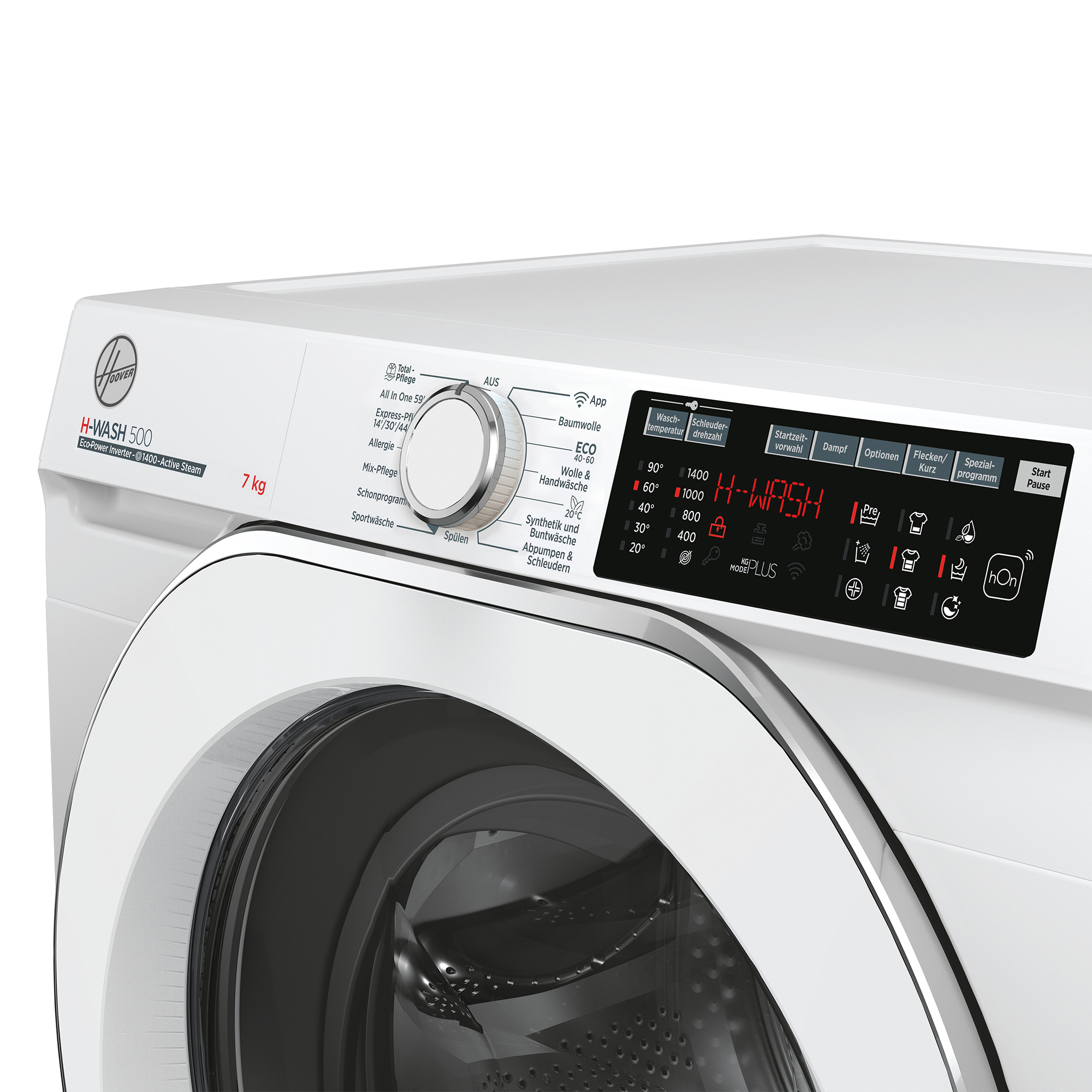 Eine weiße Waschmaschine mit Digitalanzeige. Sie hat einen Drehknopf und eine Tür. Die Marke ist Hoover.