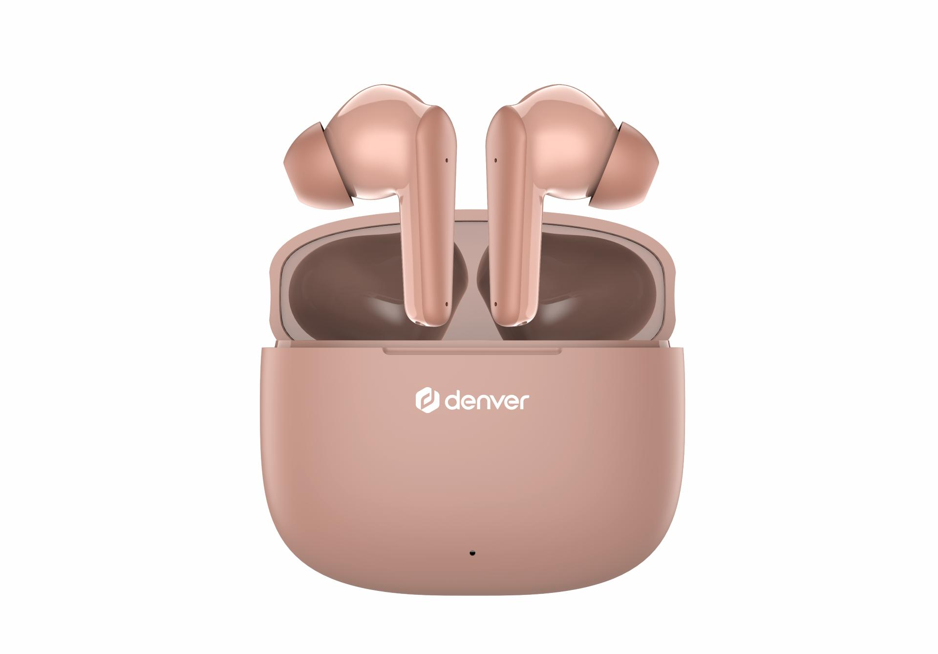 Auricolari wireless color oro rosa con custodia di ricarica. La custodia ha la scritta 'Denver'. Gli auricolari sono dentro e sulla custodia.