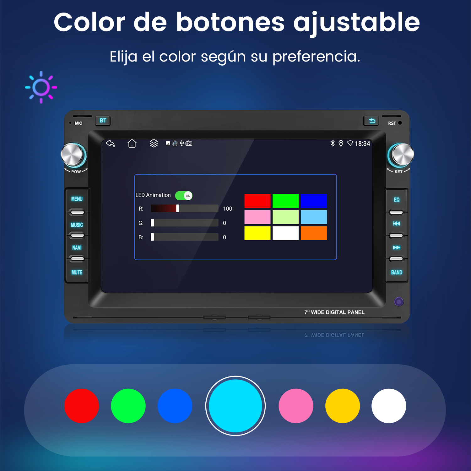 Pantalla de radio de coche con colores de botones ajustables. Opciones incluyen rojo, verde, azul, cian, rosa, amarillo y blanco.