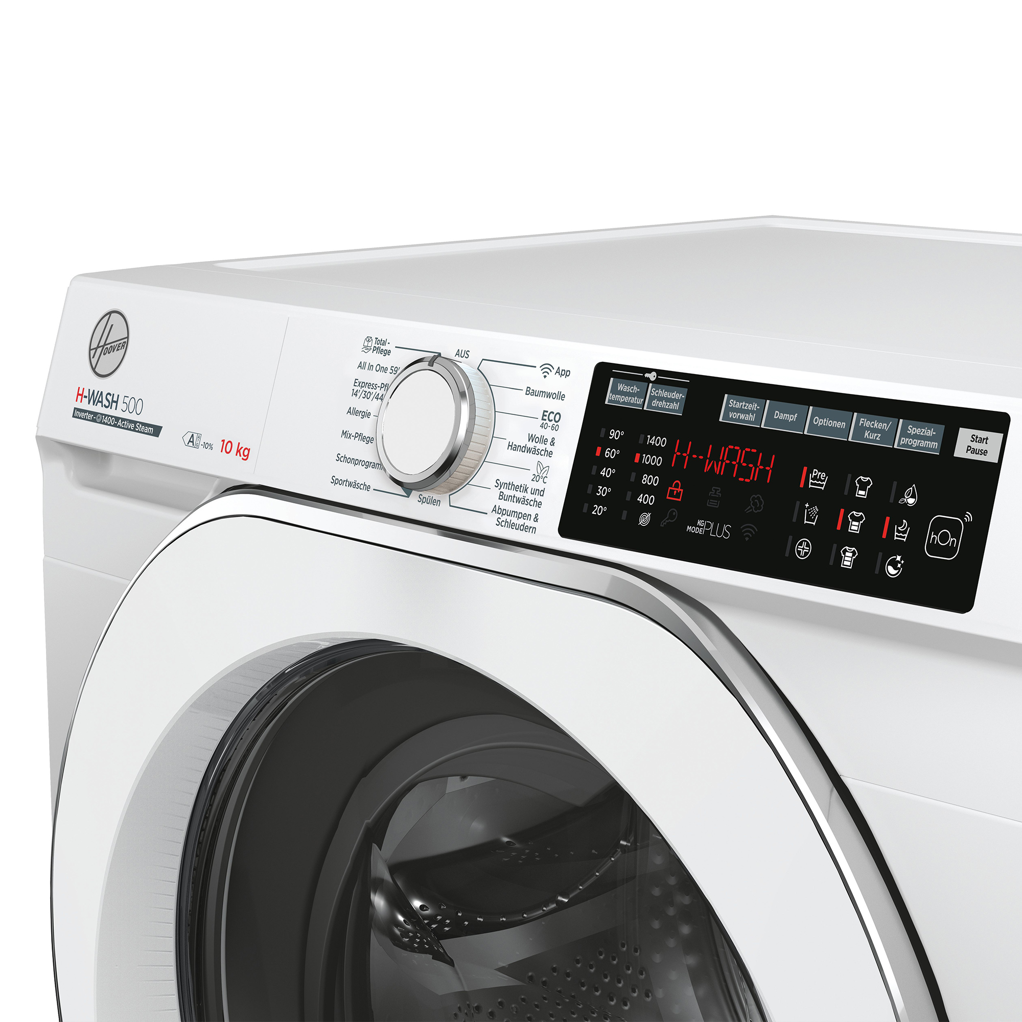 Eine weiße Hoover H-WASH 500 Waschmaschine mit Bedienfeld, Drehknopf und Tür.