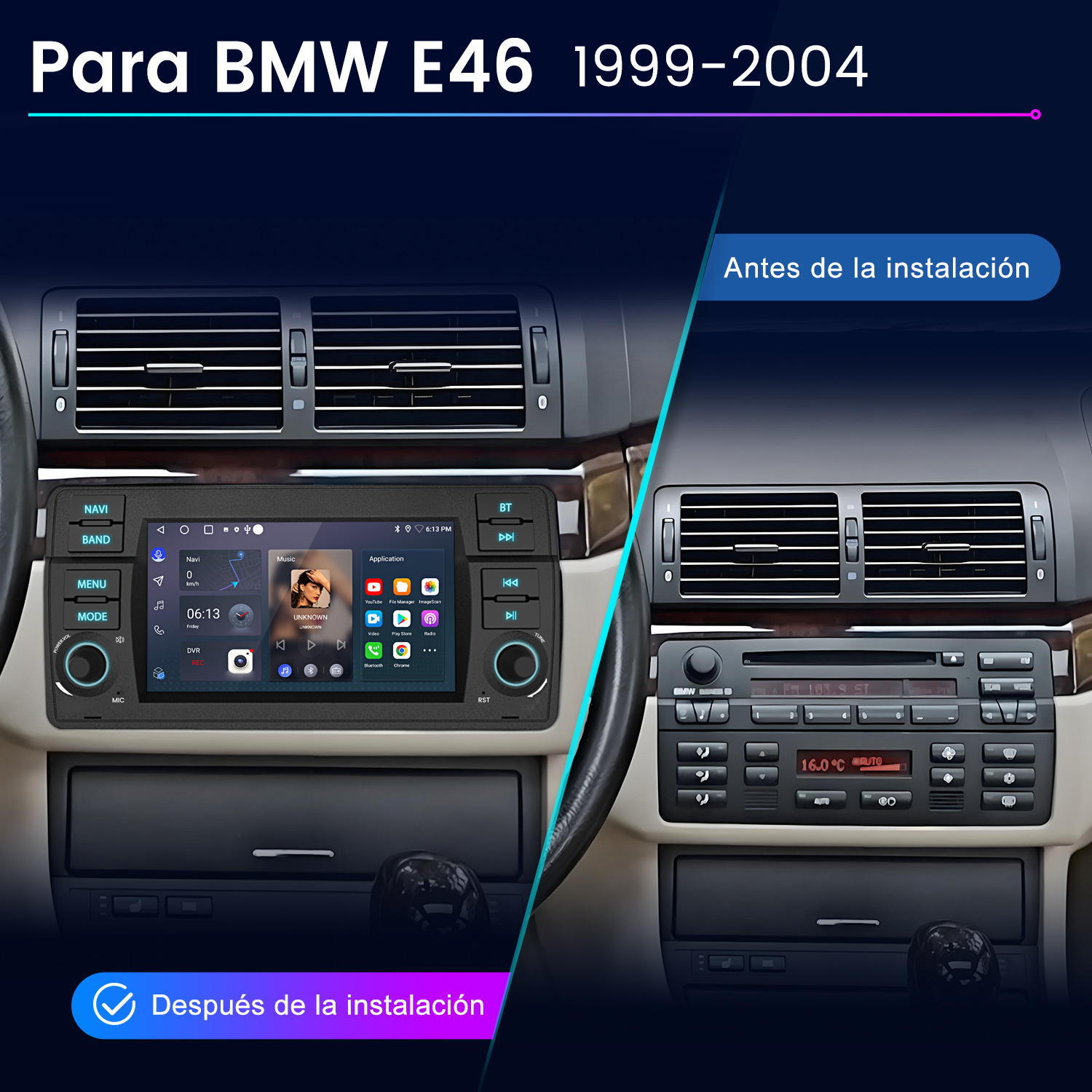 Comparación del tablero del coche: radio antiguo vs. nueva pantalla Android. Muestra la instalación antes y después.
