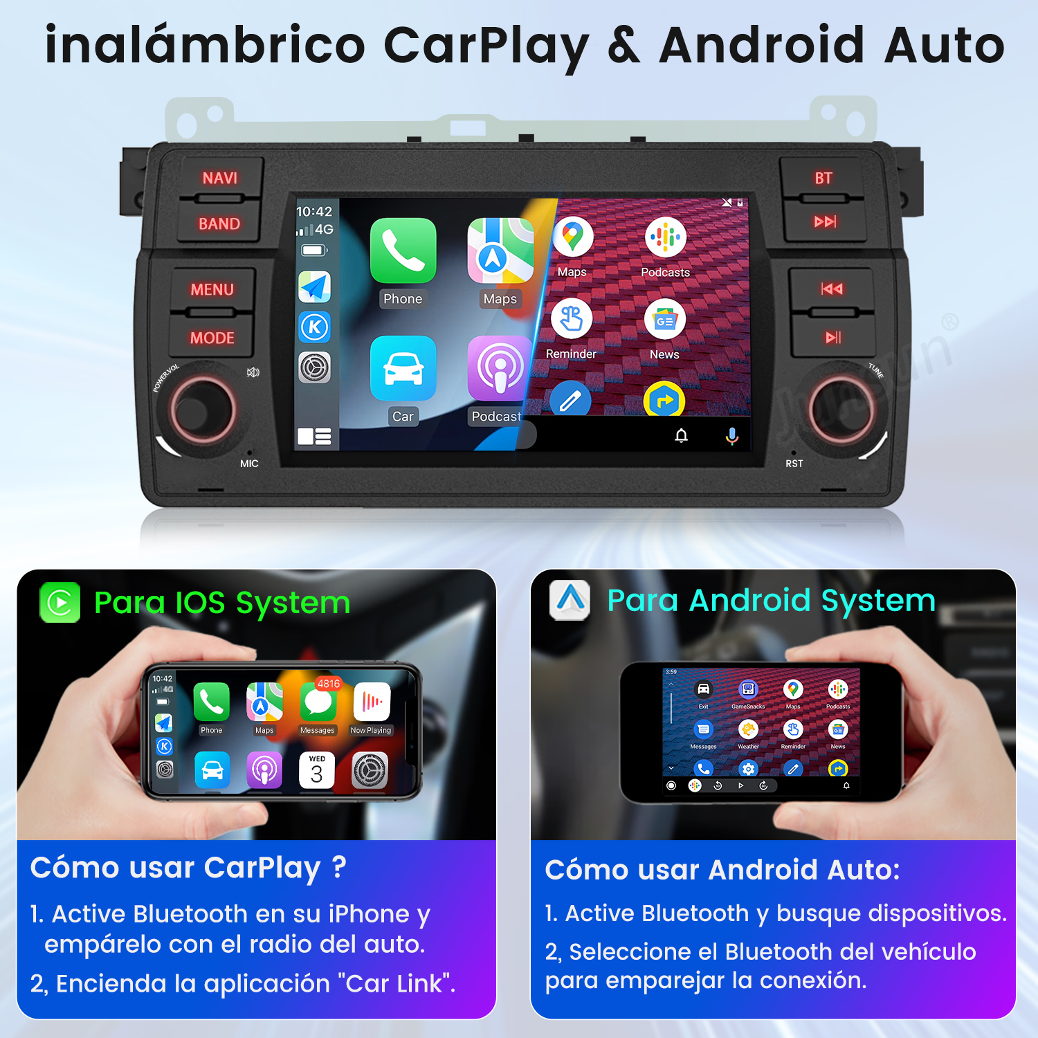 Pantalla de radio del coche que muestra aplicaciones. Debajo hay instrucciones para conectar dispositivos iOS y Android por Bluetooth.