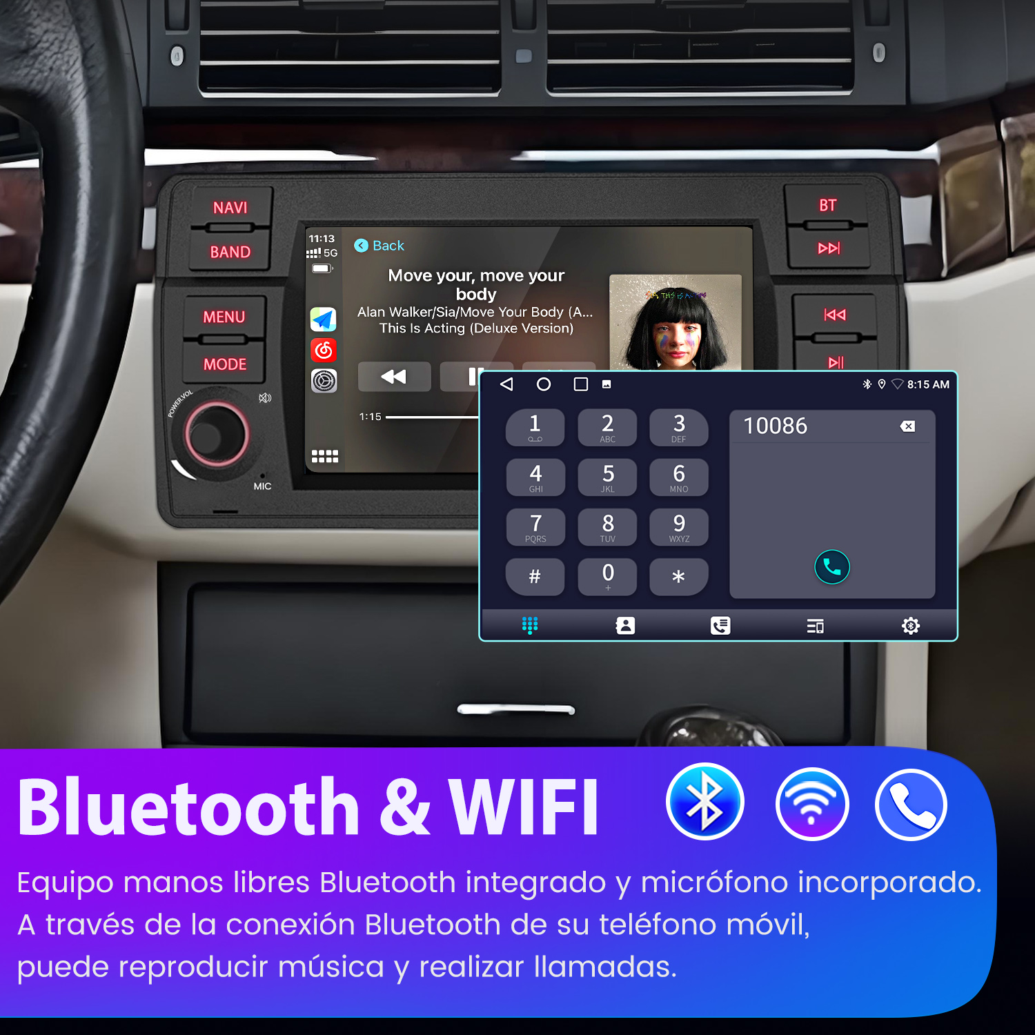 Autoradio con pantalla que muestra música y un marcador telefónico. El texto 'Bluetooth & WIFI' es visible, con iconos.