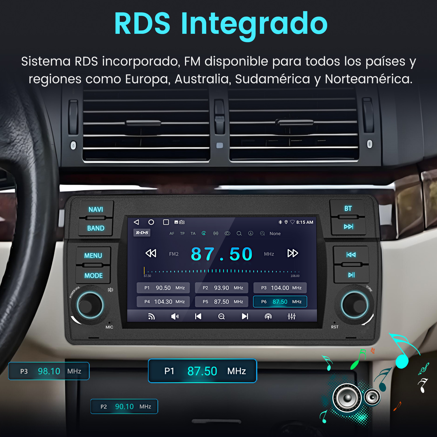 Radio de coche con RDS. La pantalla muestra la frecuencia de radio 87,50 MHz. El fondo muestra el salpicadero y notas musicales.