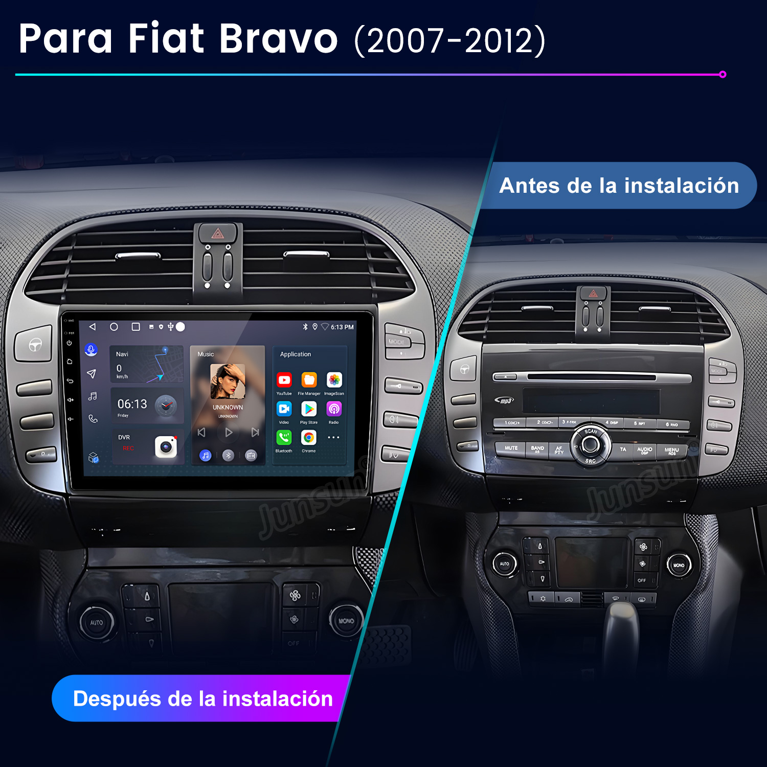 Comparación del salpicadero de un coche antes y después de instalar un nuevo sistema de entretenimiento, mostrando diferentes diseños de pantalla.