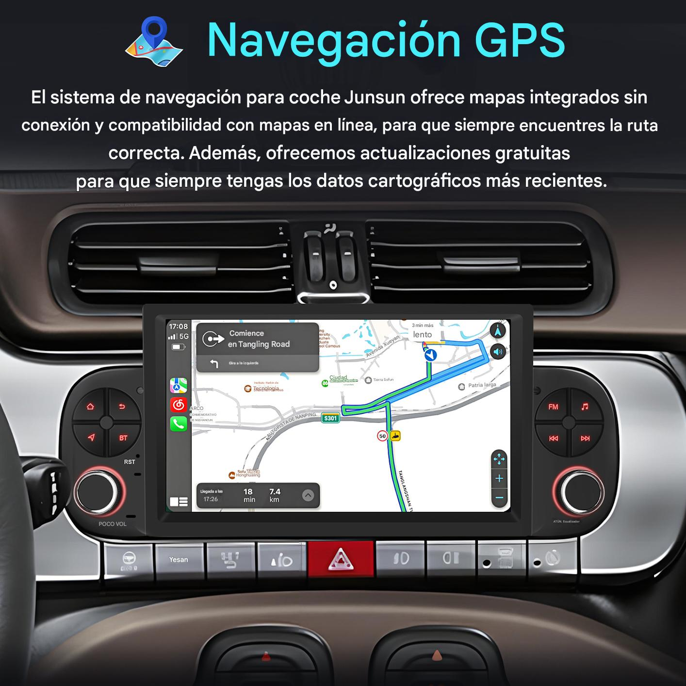 Sistema de navegación del coche mostrando un mapa con guía de ruta. Botones y controles visibles alrededor de la pantalla.