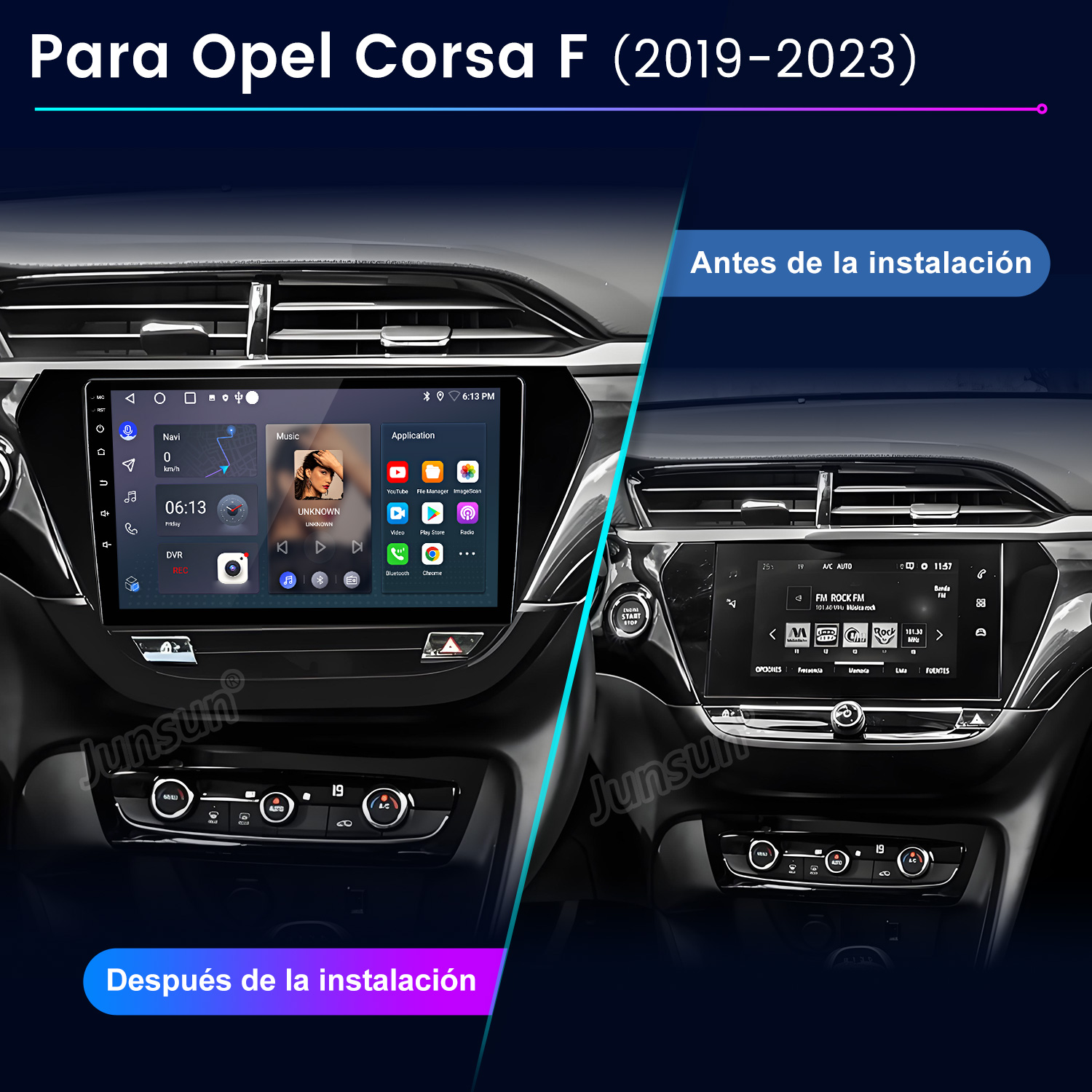 Comparación del salpicadero: antiguo vs. nuevo. Muestra antes y después de instalar un nuevo sistema multimedia con pantalla táctil.