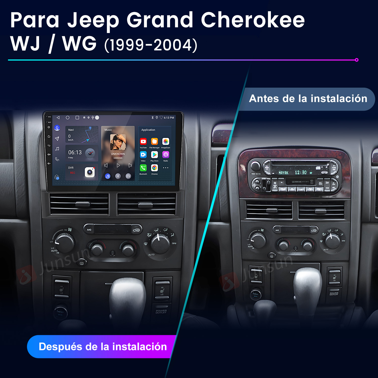 La imagen muestra el salpicadero de un coche antes y después de la instalación. El lado izquierdo tiene una pantalla, el derecho una radio.