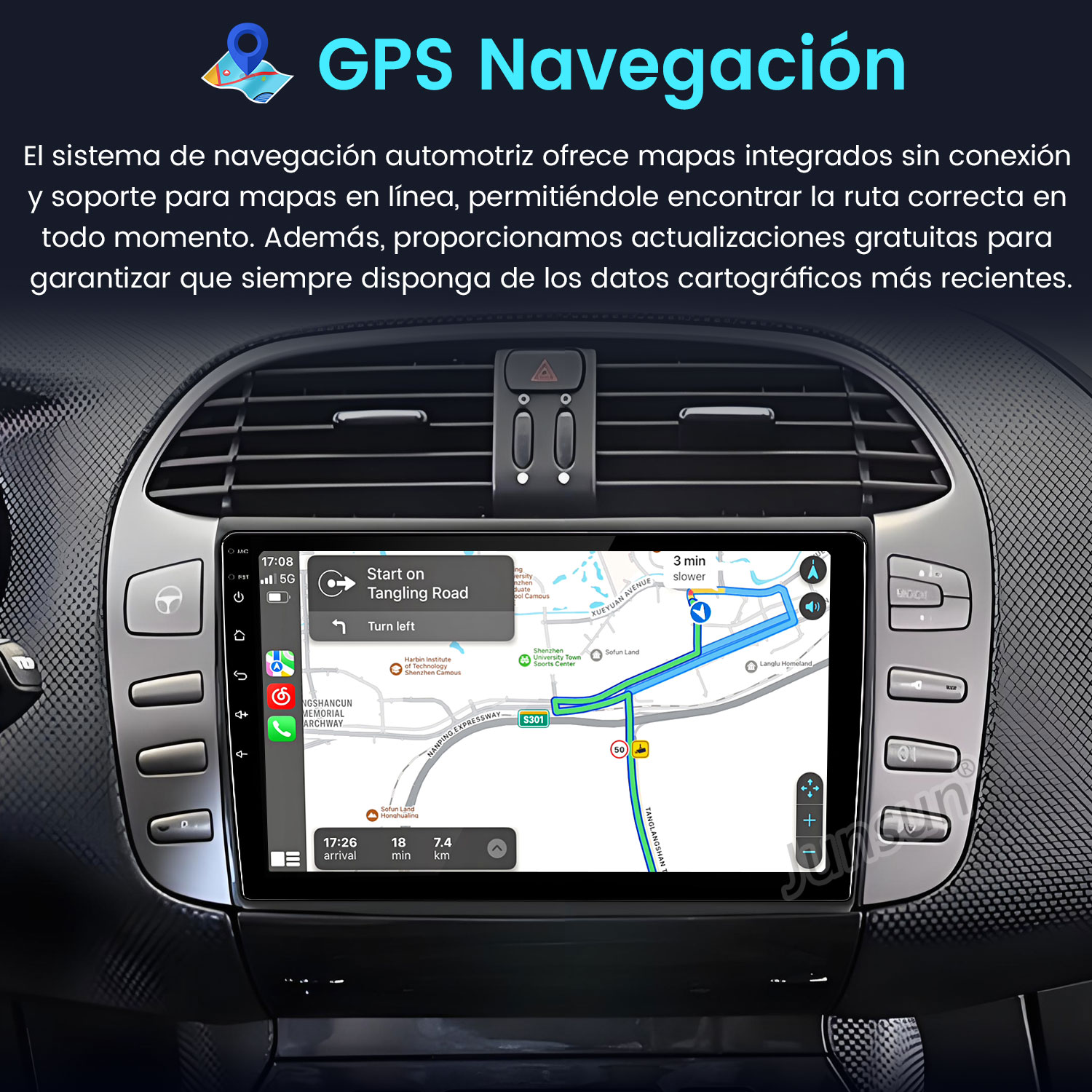 Sistema de navegación del coche mostrando un mapa con guía de ruta. La pantalla muestra un mapa con iconos y texto.
