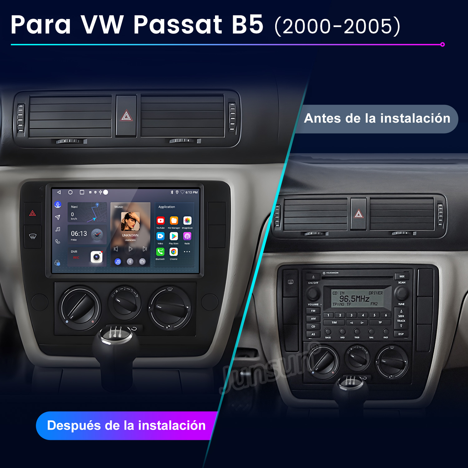 Comparación del salpicadero del coche: antes (radio) y después (pantalla Android) de la instalación. Incluye navegación, música y otras apps.
