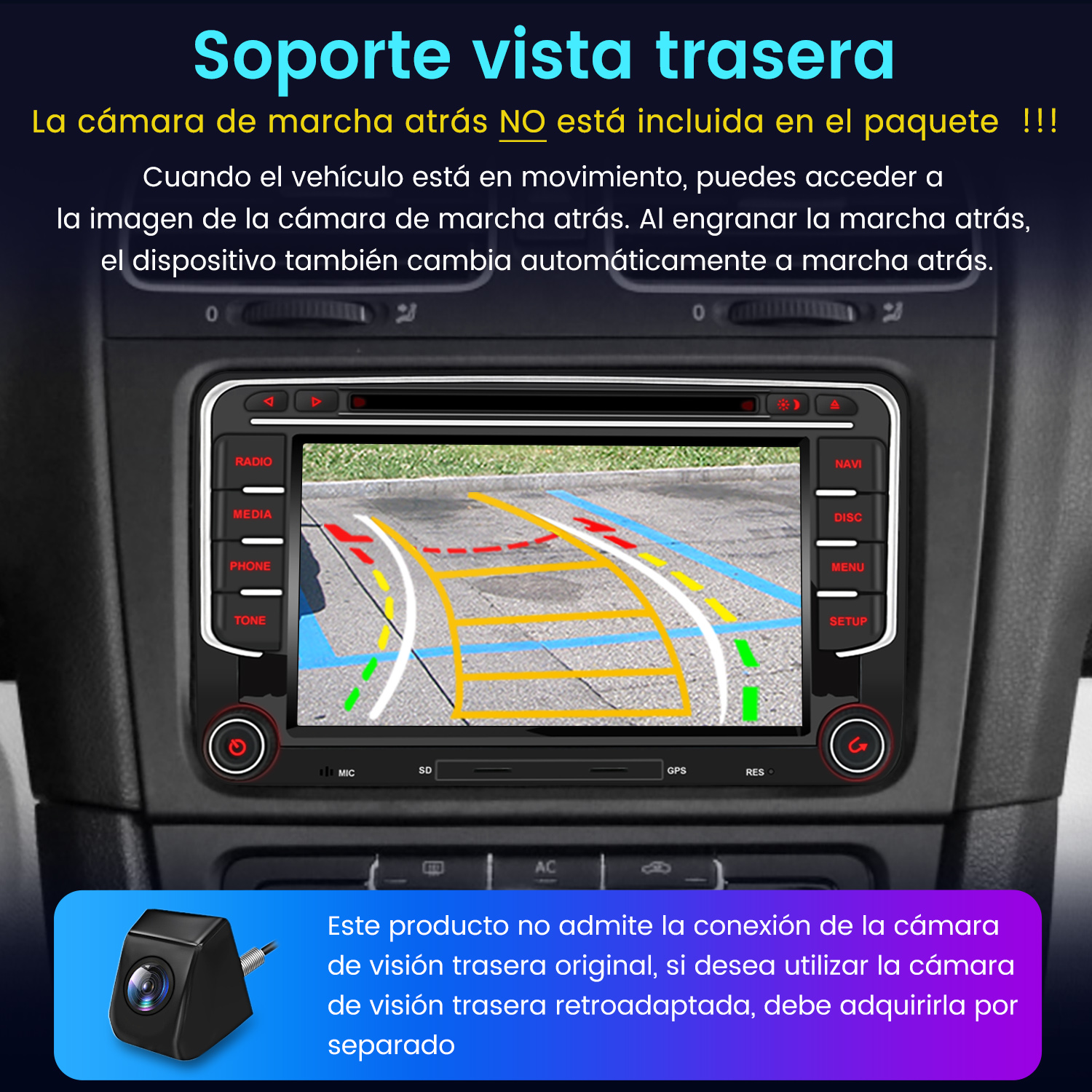 Panel del coche con pantalla que muestra la vista de la cámara trasera. Se muestra una cámara separada en la parte inferior izquierda.