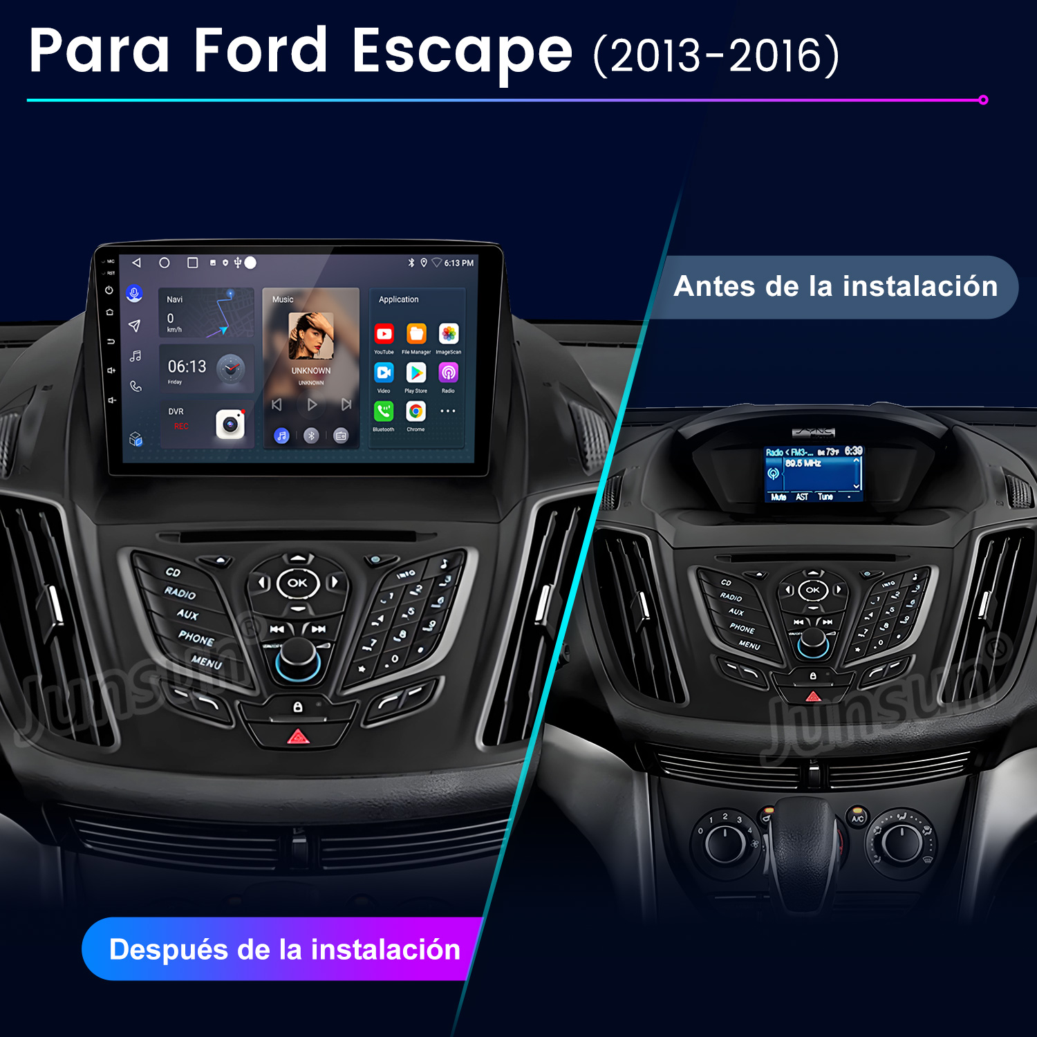 La imagen muestra el antes y el después de la instalación de un equipo de música para coche en un Ford Escape. El nuevo equipo tiene una pantalla táctil.