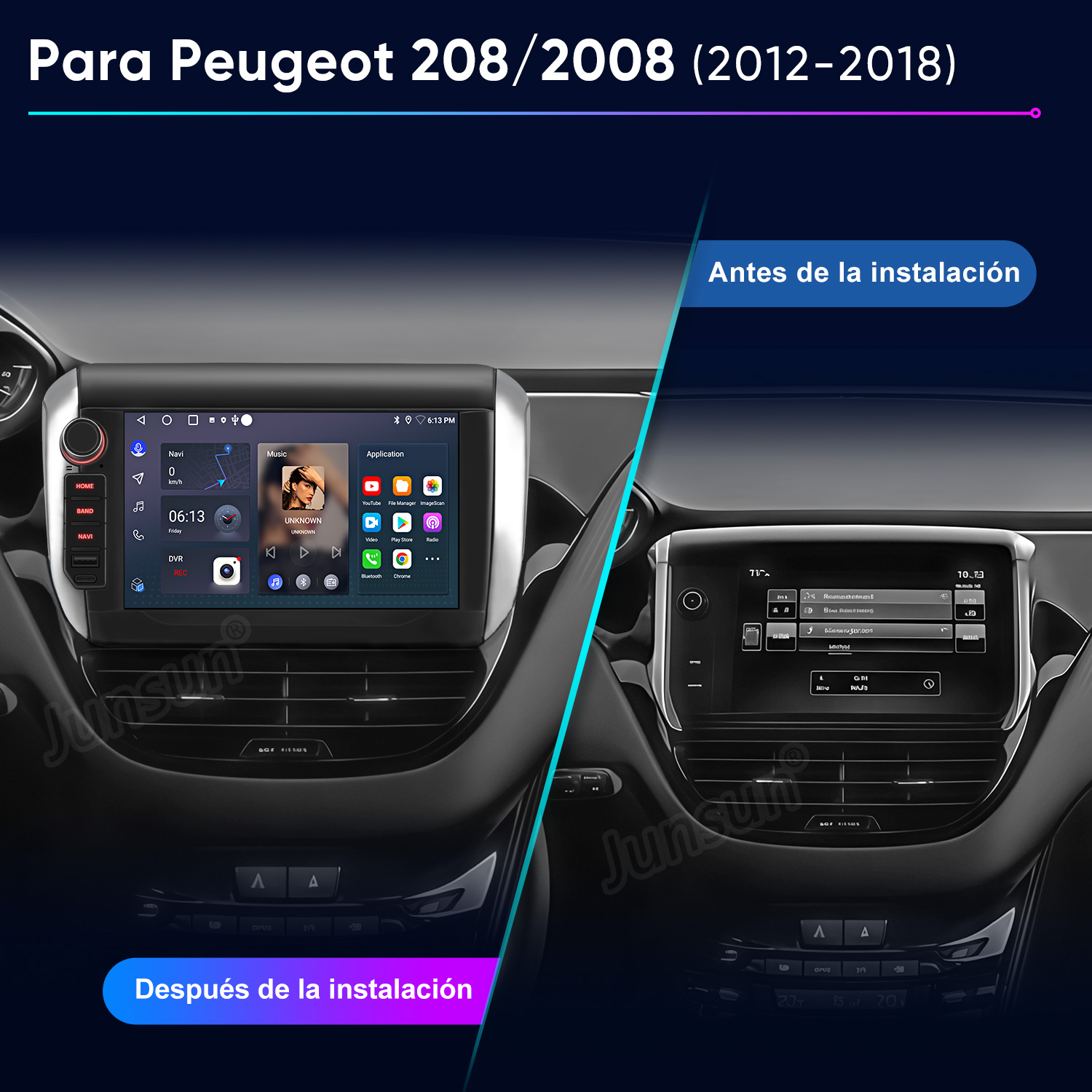 Imagen muestra el tablero de un coche antes y después de instalar un nuevo sistema de infoentretenimiento, con detalles del modelo del coche arriba.